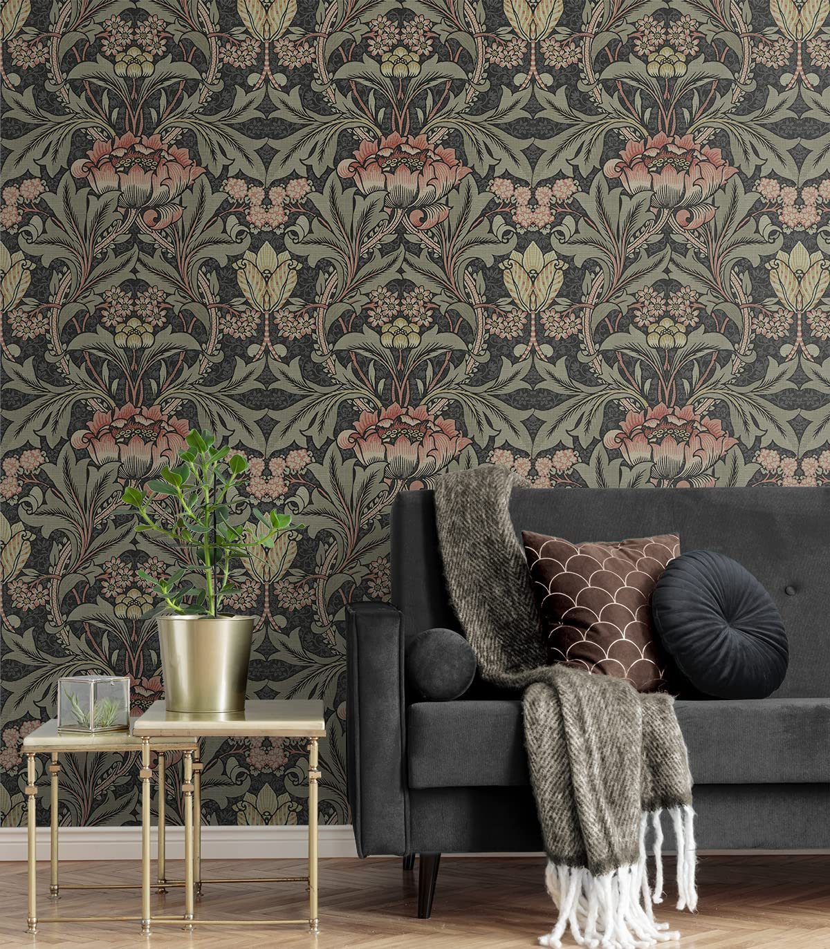 Charcoal and Rosewood Floral Vinyl-Coated Wallpaper Roll