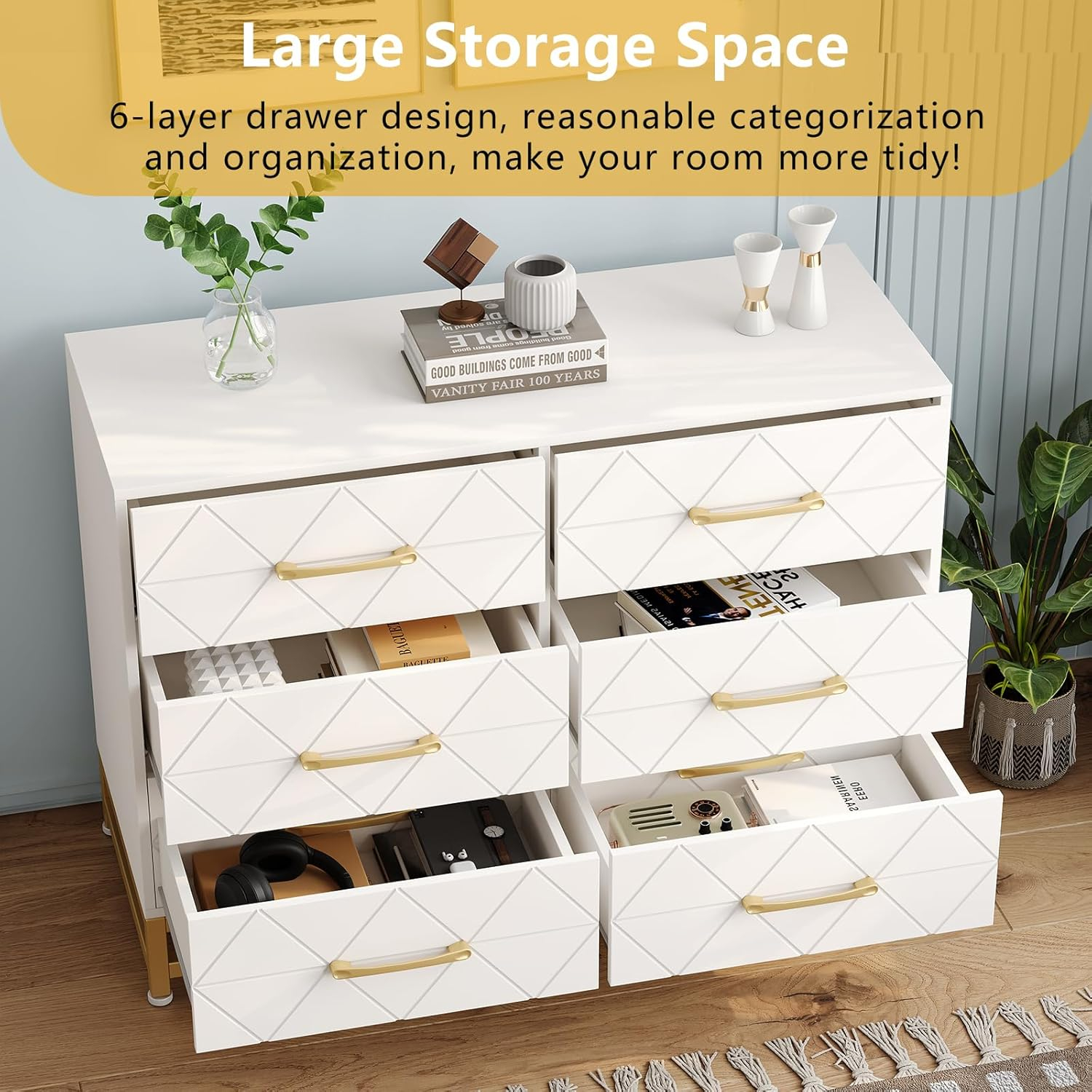 Jojoka Dresser for Bedroom with 6 Drawer, TV Stand Wood Dressers Chest of Drawers with Wide Drawers and Metal Handles for Living Room Hallway Entryway, White