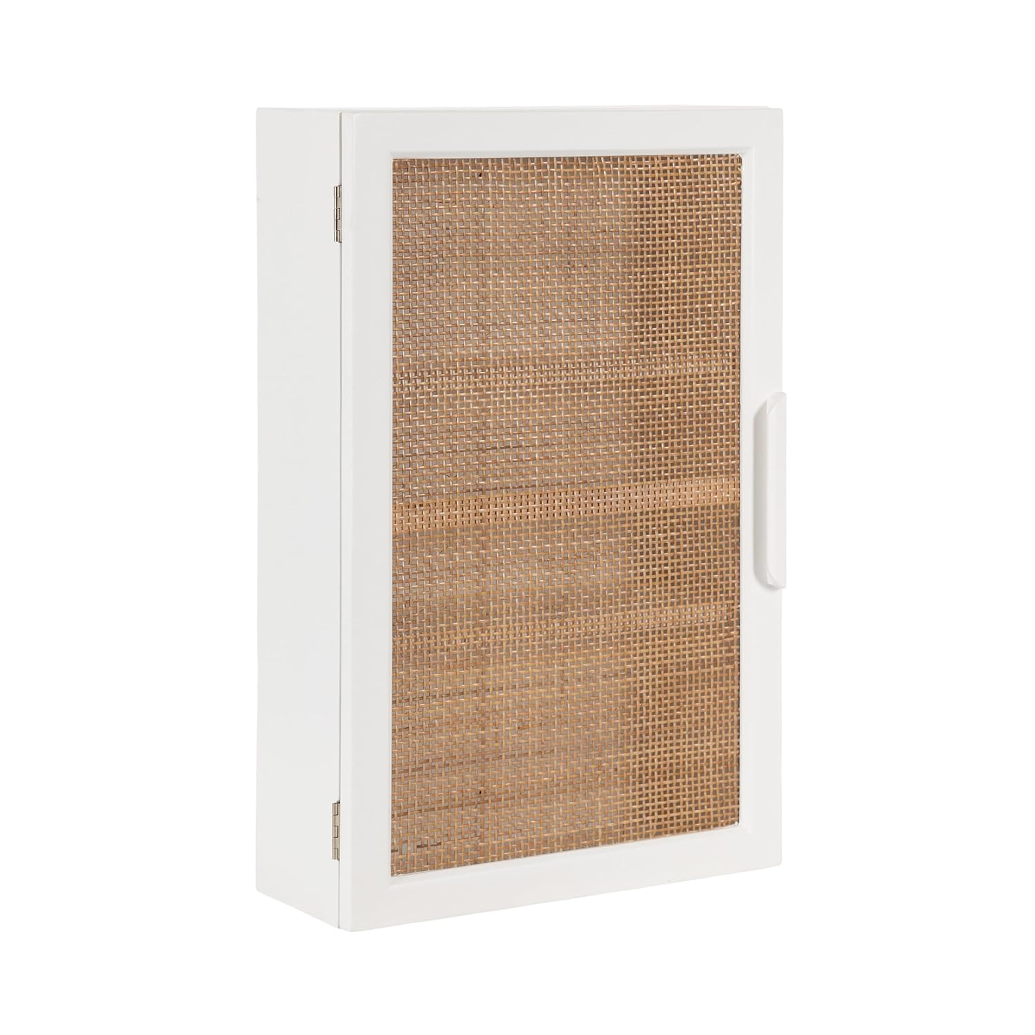 Kate and Laurel Ori Transitional Cane Wall Cabinet with Door, 15 x 7 x 24, Painted White Wood and Natural Rattan, Decorative Rattan Over the Toilet Cabinet with Three Shelves for Decor and Display