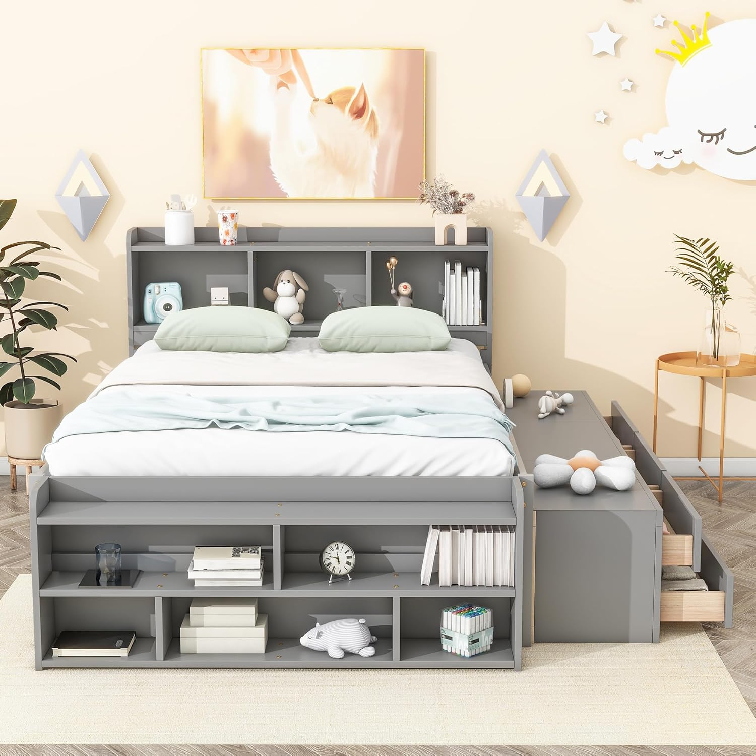 SOFTSEA Full Size Platform Bed with Drawers and Bed End Case, Wood Bed Frame with Storage Headboard, Platform Bed with Storage for Bedroom, No Box Spring Needed, Gray
