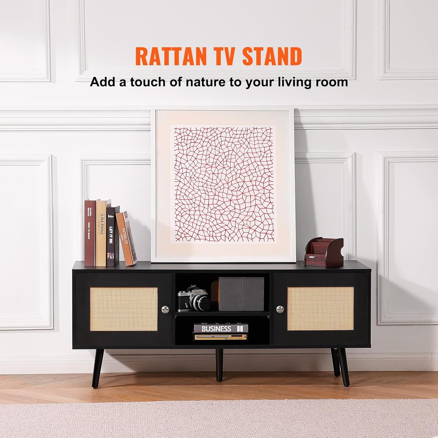 Rattan TV Stand, Boho TV Cabinet for 55 inch TV, Mid Century Modern TV Stand, Rattan TV Console with Adjustable Shelfs for Living Room, Media Room, Black