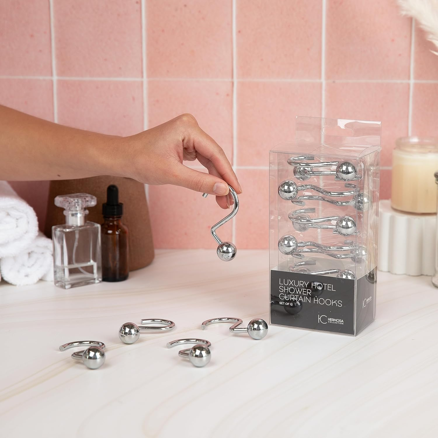 Luxury S Shower Curtain Hooks (12-Pack) Hotel Quality Silver Chrome Finish | Bathroom Accessories | Non-Slip Ball End | Easy to Hang