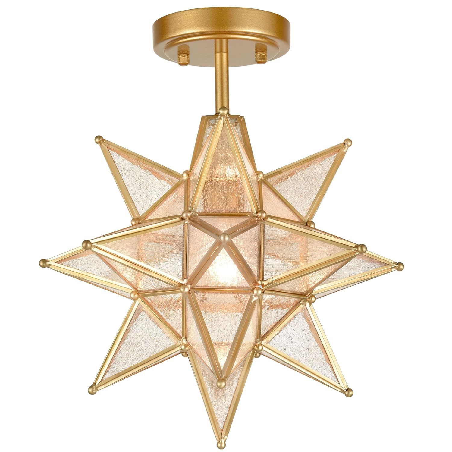 TANMAO  10-Inch Moravian Star Ceiling Light, Boho Moroccan Lamp with Seeded Glass Shade, Moravian Star Ceiling Light Modern Brass Flush Mount Lights for Office, Living Room, Dining Room, Kitchen