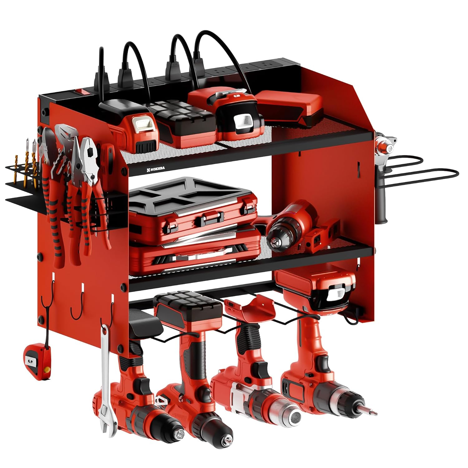 Modular Power Tool Organizer Wall Mount and Tool Charging Station. Garage 4 Drill Storage Shelf with Hooks, Heavy Duty Drill Holder Wall Mount, Tool Battery Holder Built in 8 Outlet Power Strip