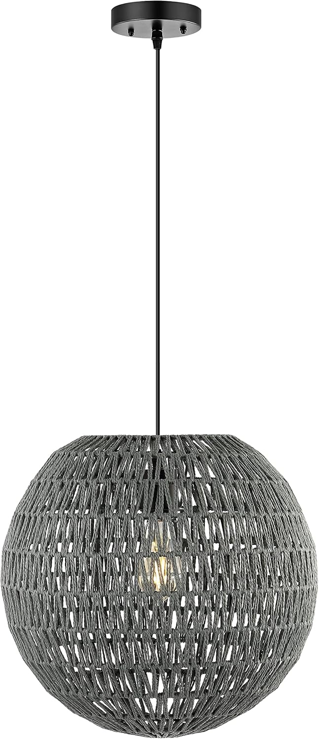 Luna 15.75" 1-Light Bohemian Modern Woven Rattan/Iron LED Pendant, Grey/Black