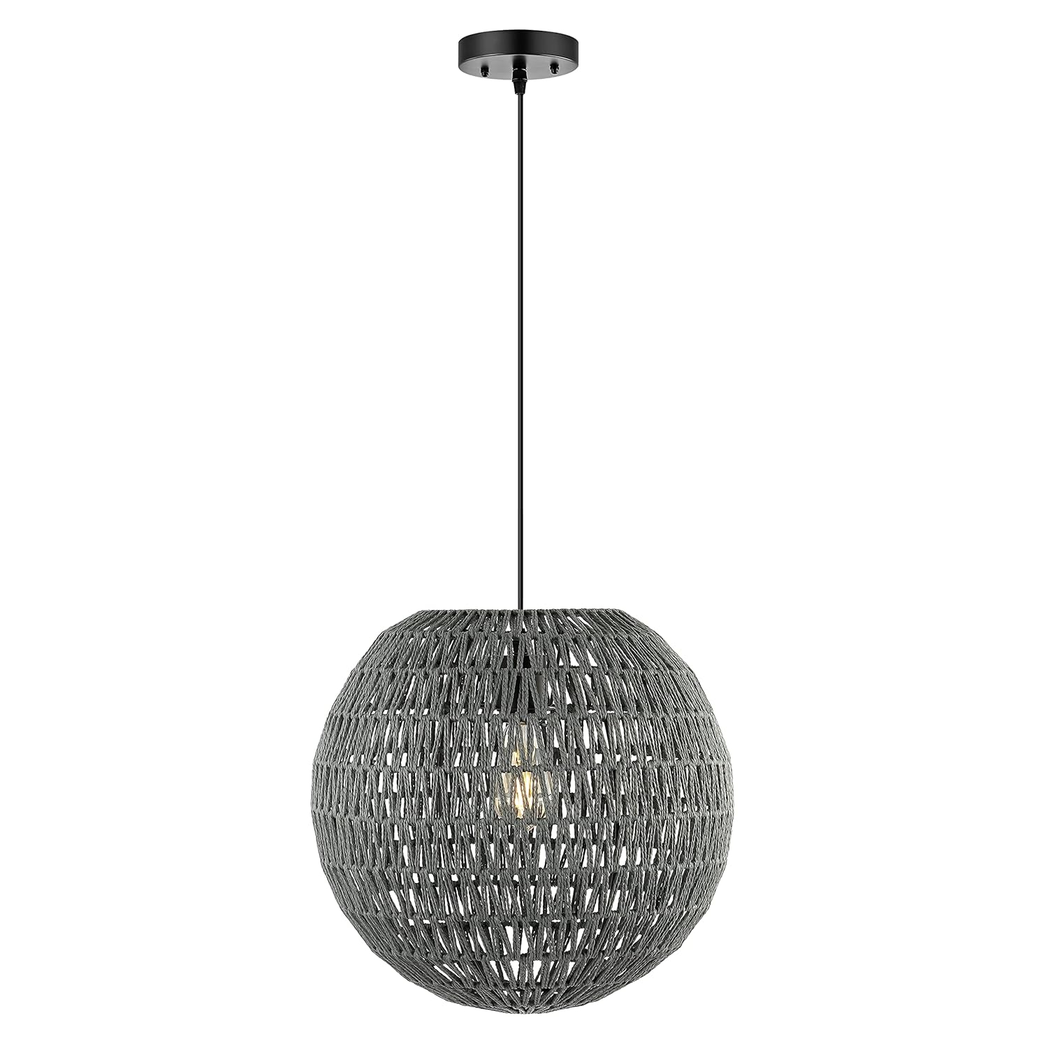 Luna 15.75" 1-Light Bohemian Modern Woven Rattan/Iron LED Pendant, Grey/Black