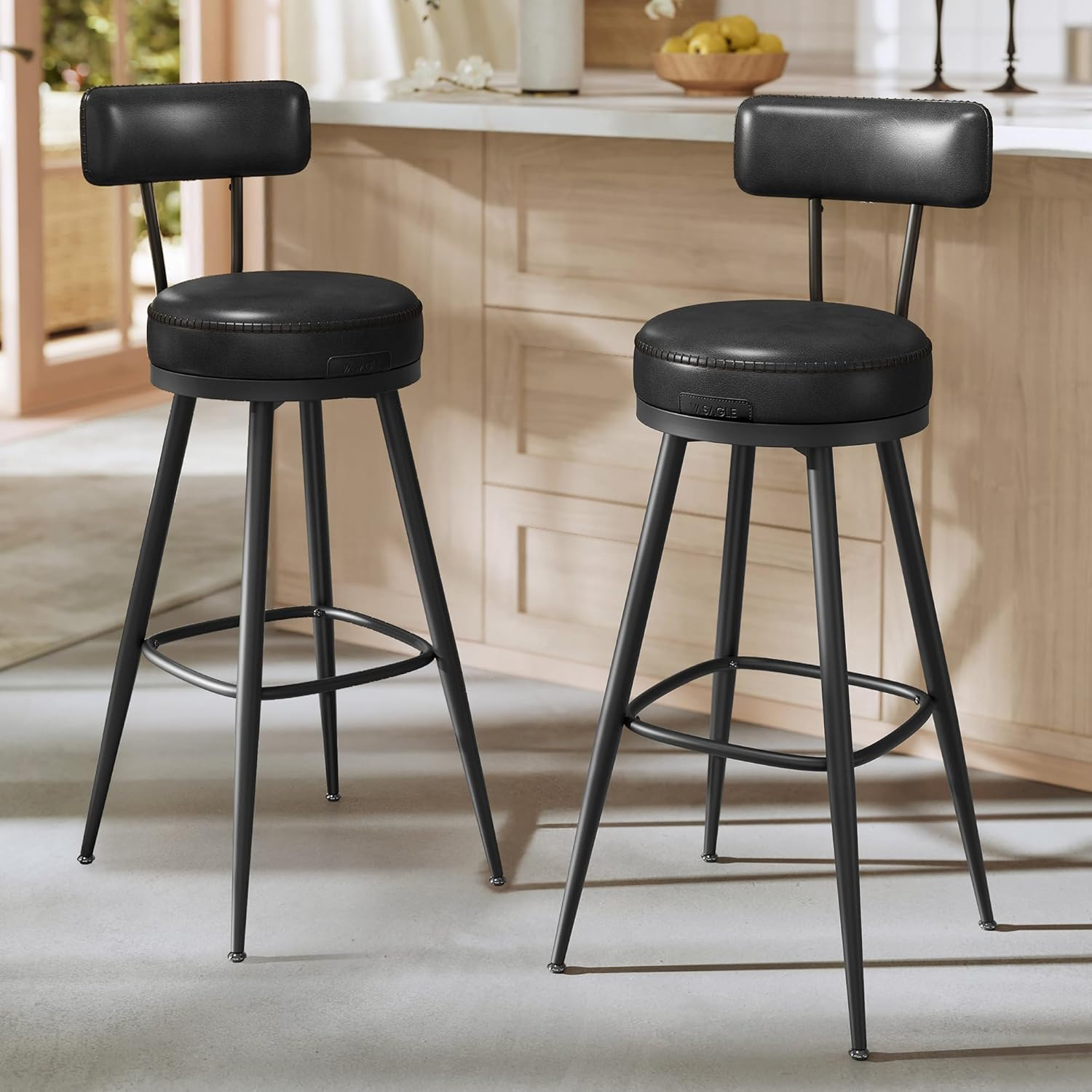 VASAGLE EKHO Collection - Bar Stools Set of 2, Swivel Bar Height Bar Stools with Back, Synthetic Leather with Stitching, Mid-Century Modern, 30-Inch Tall Barstools for Kitchen Home Bar, Ink Black