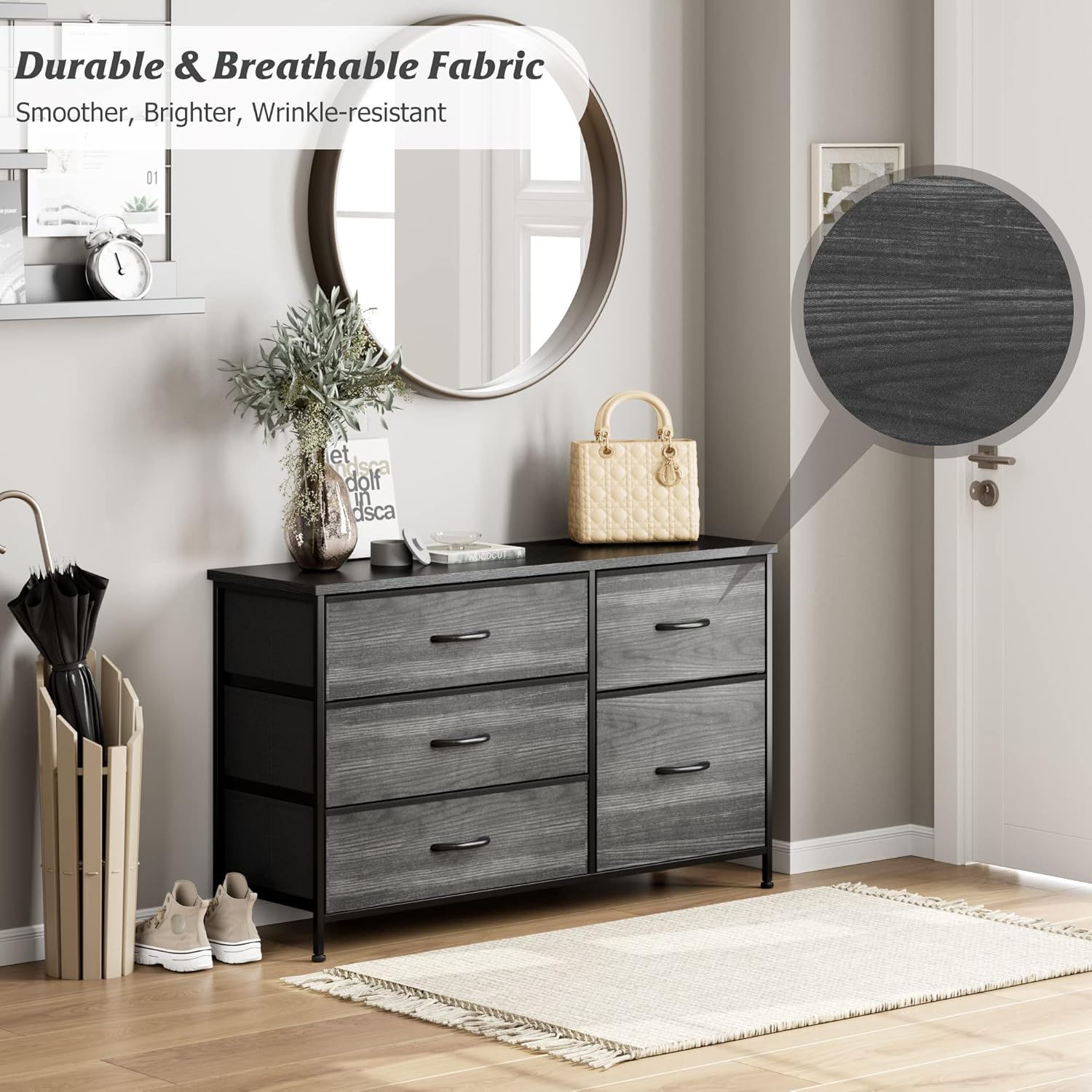 Nicehill Black Dresser for Bedroom with 5 Drawers, Chests of Drawers for Closet, Clothes, Nursery, Bedroom Dresser with Drawers,Black Wood Grain