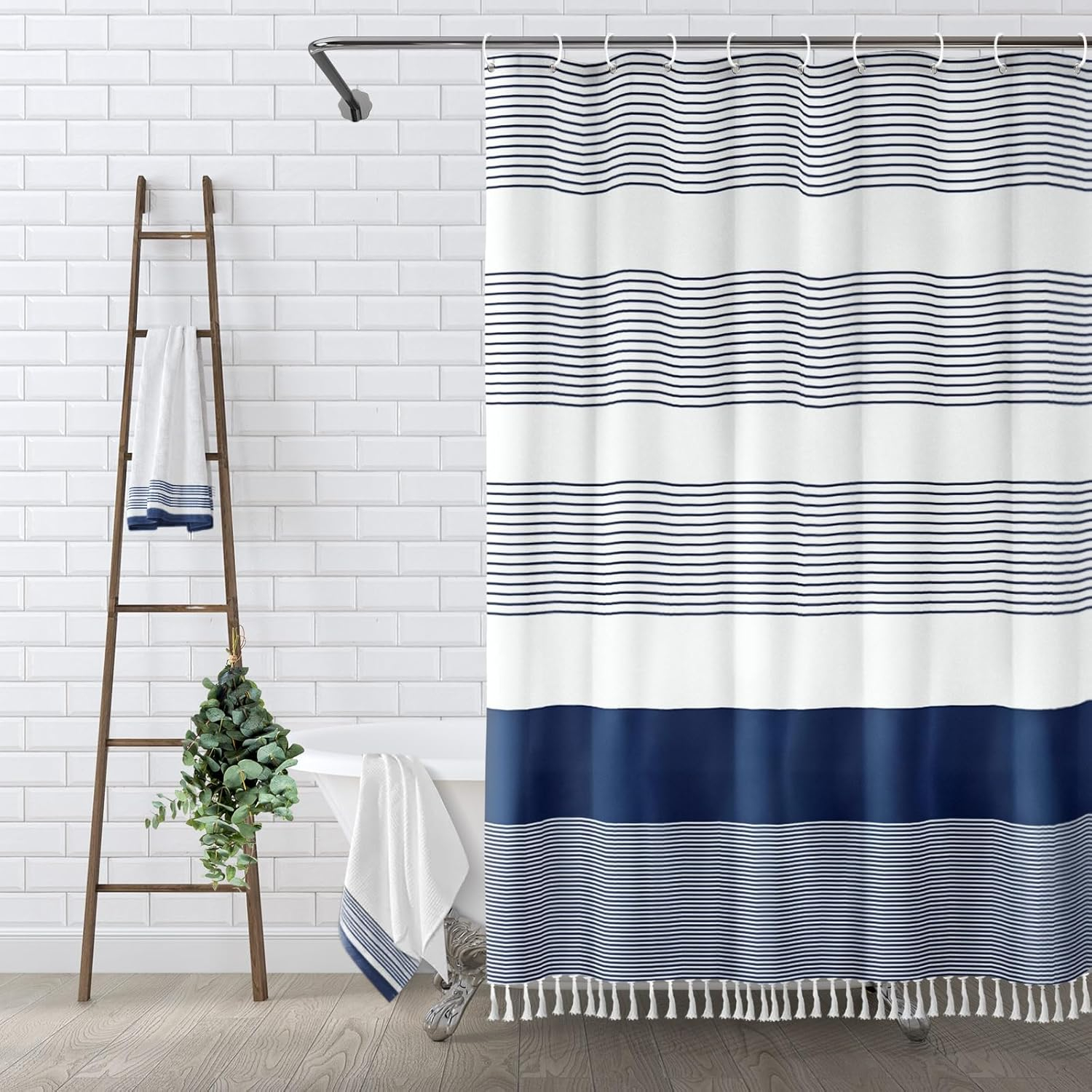bufftieo Navy Blue and White Shower Curtain for Bathroom Boho Striped Fabric Modern Farmhouse Tassel Shower Curtain Sets - 72" x 72"