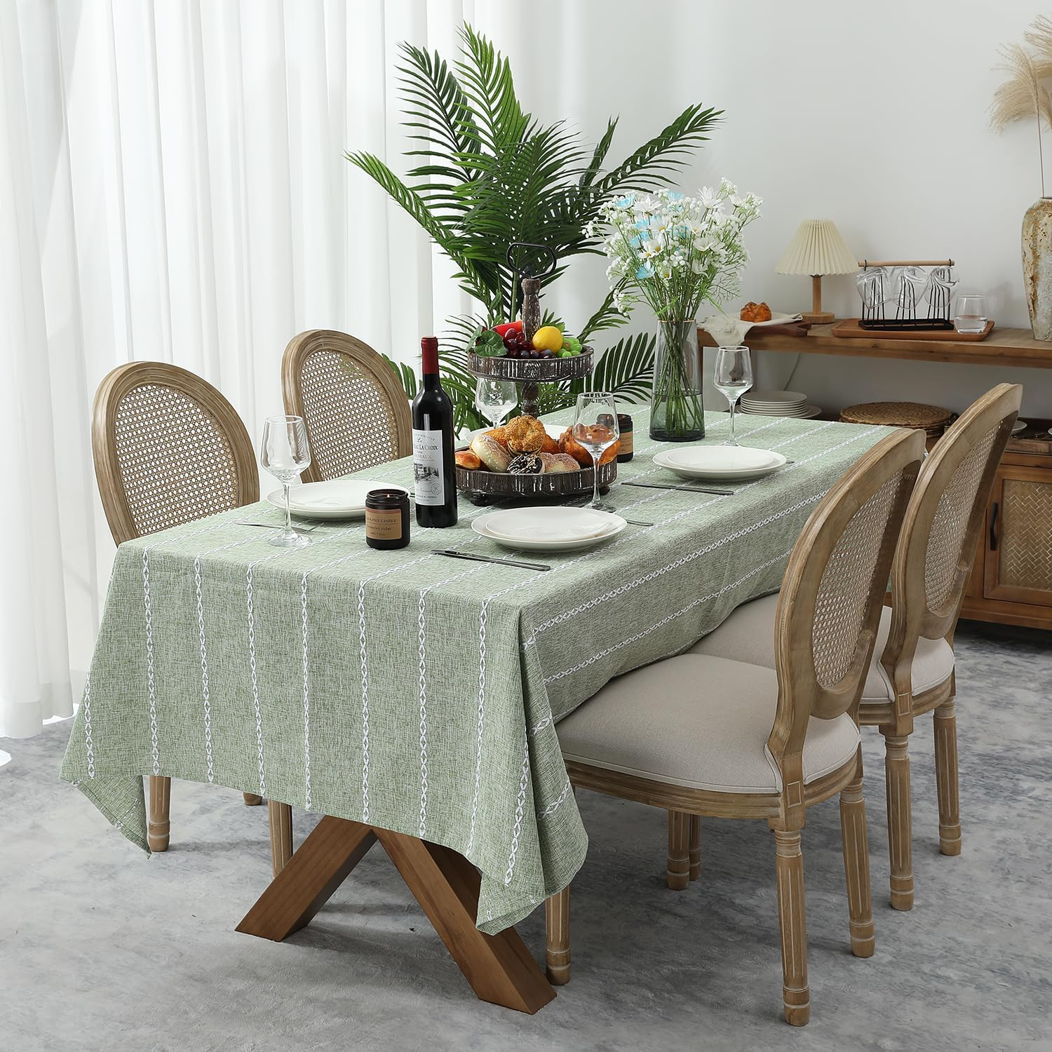 Chassic 60 x 84 inches Farmhouse Style Linen tablecloths, Wrinkle Resistant Washable Dining Room Table Cloths for Rectangle Tables - Hemstitch Sage Green
