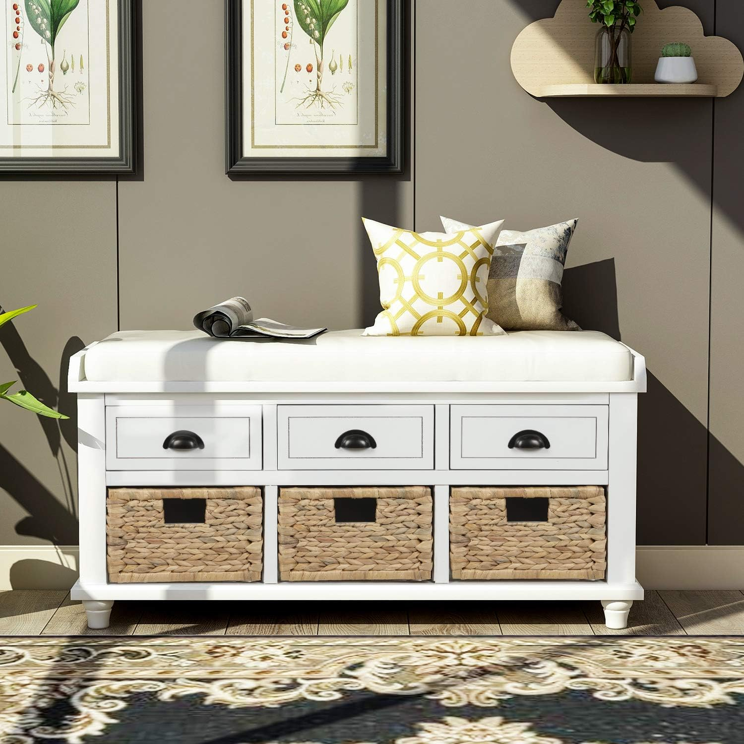 Harper & Bright Designs TREXM Rustic Storage Bench with 3 Drawers and 3 Rattan Baskets, Shoe Bench for Living Room, Entryway (White)