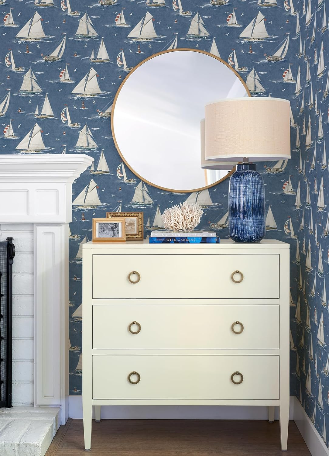 Navy Blue Sailboat Pre-Pasted Washable Wallpaper