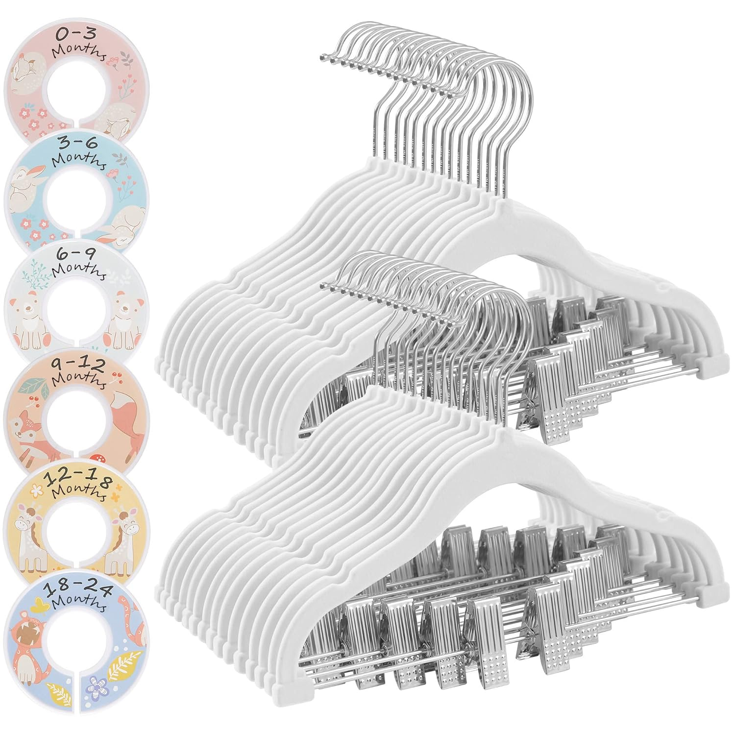 SONGMICS 30 Packs Baby Pants Hangers with Clips, Kids Hangers with 6 Clothes Dividers, Non-Slip Children’s Clothes Hanger, White UCRF013W30