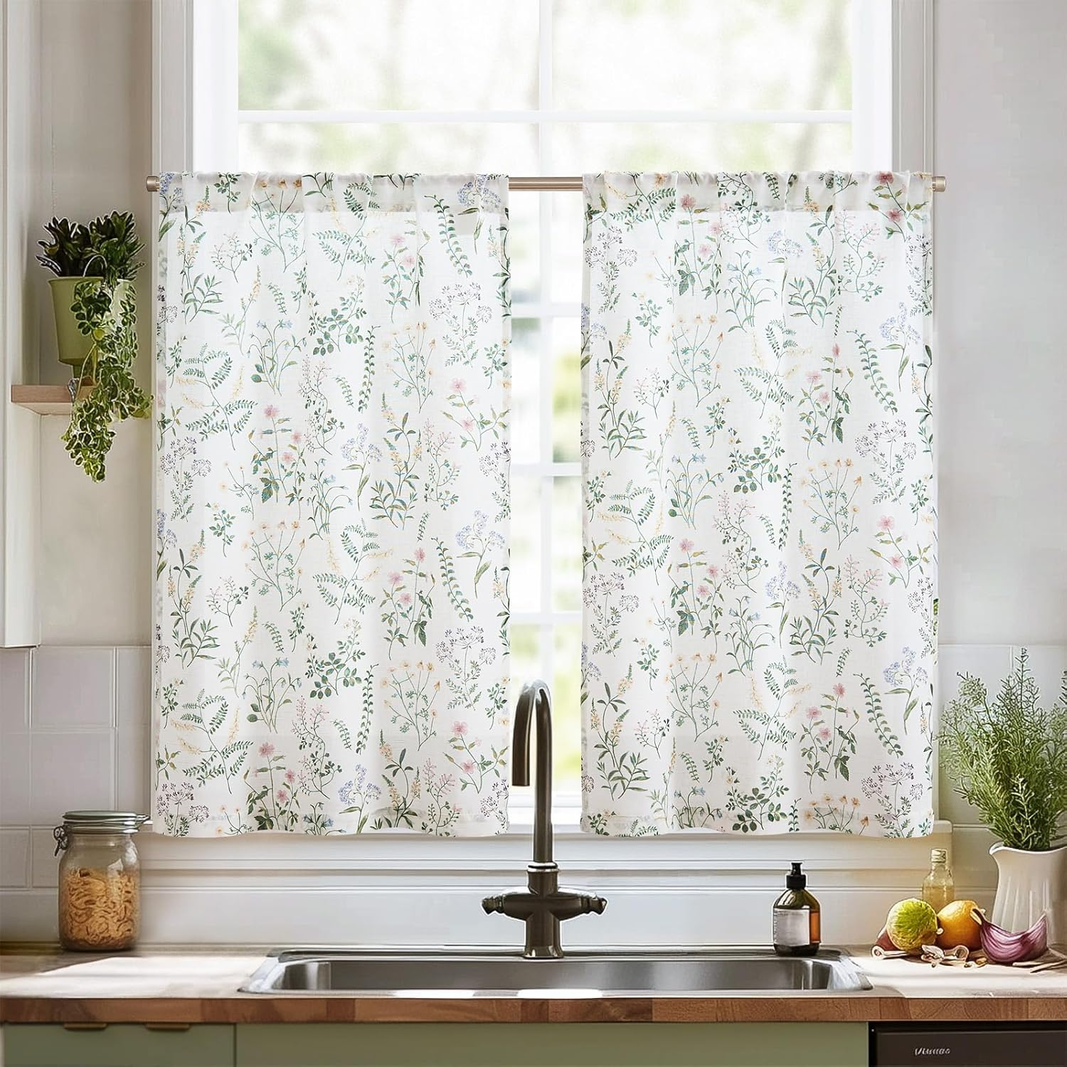 jinchan Floral Kitchen Curtains for Windows 36 Inch Linen Tier Farmhouse Cafe Curtains Country Botanic Small Window Rod Pocket Rustic Flax for Laundry Bathroom RV 2 Panels Sage Green on Beige