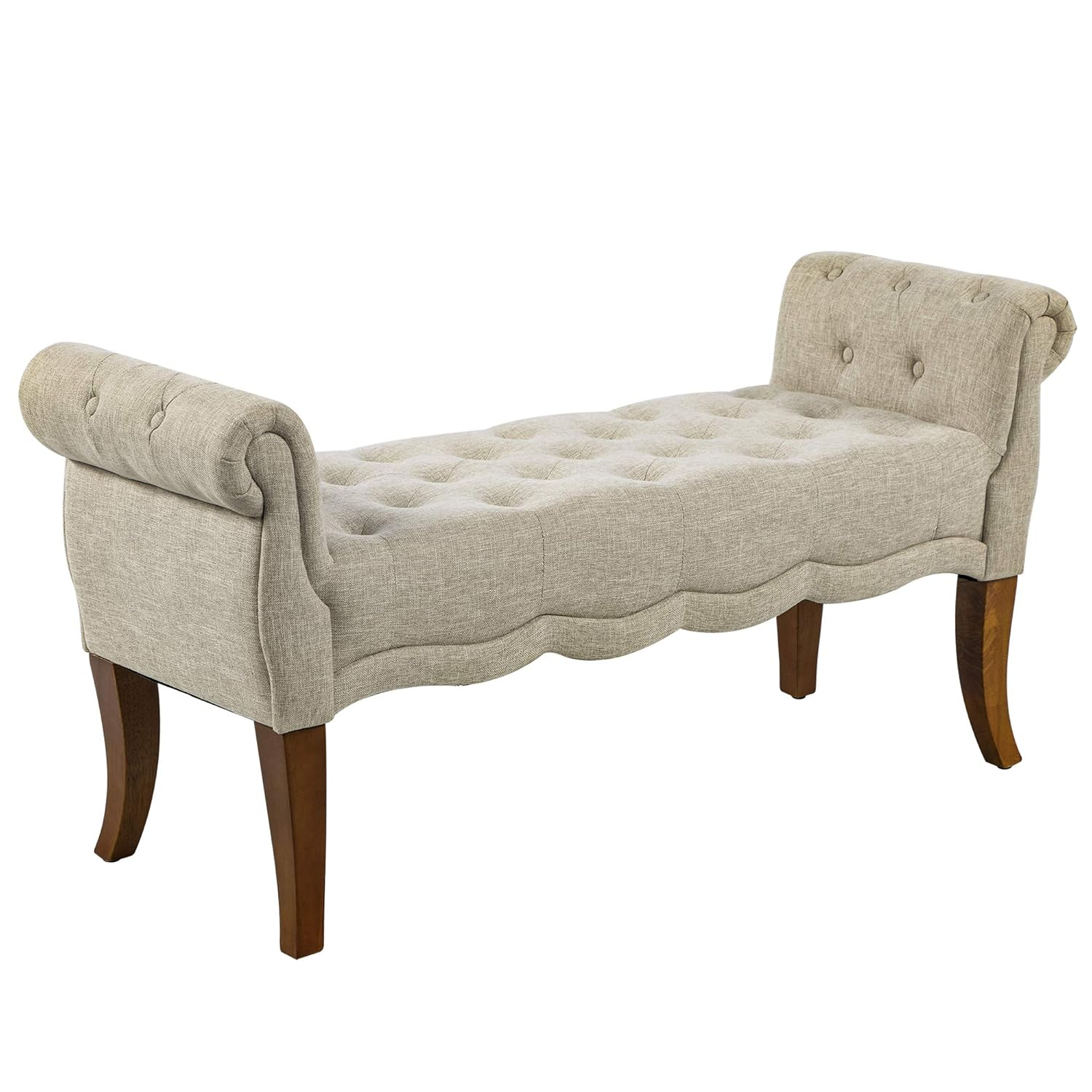 HOMCOM Traditional Style End of Bed Bench, Upholstered Entryway Bench with Button Tufted and Rounded Arm, Light Gray