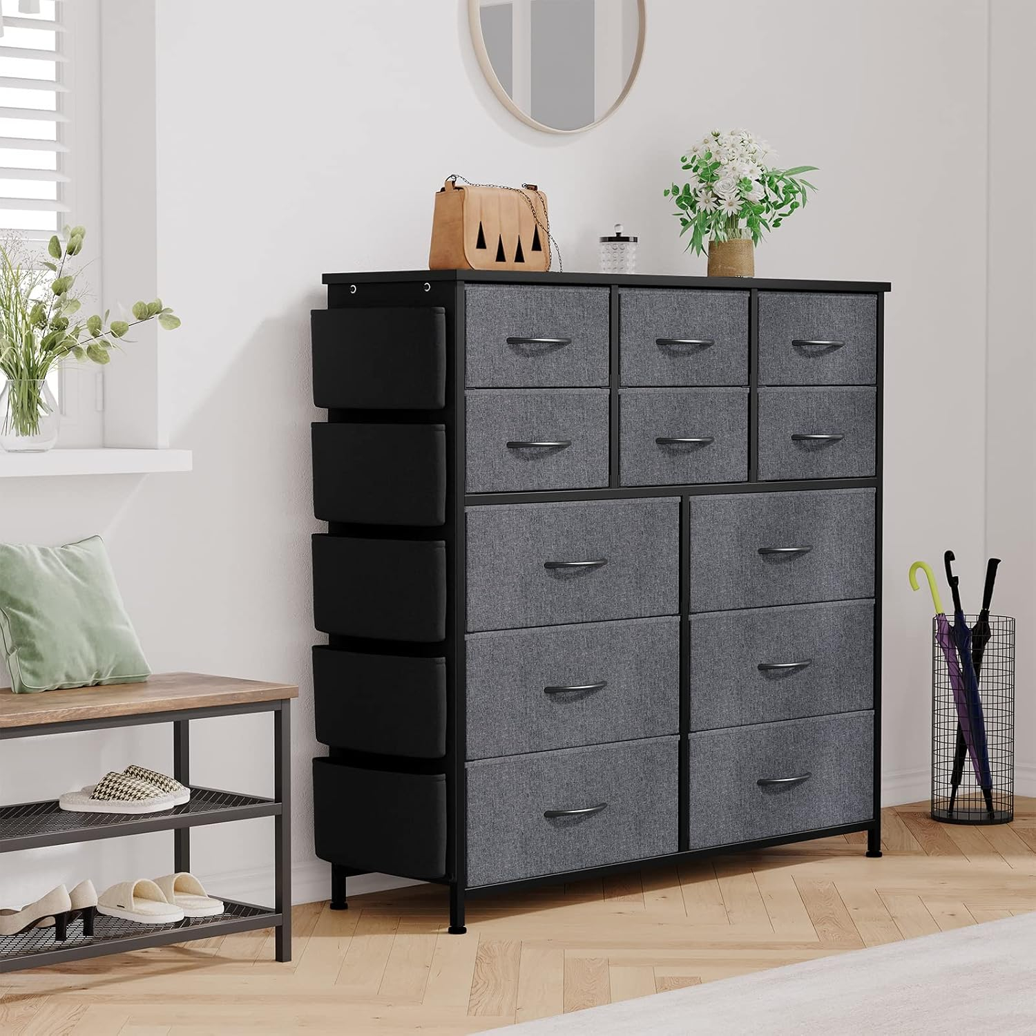 NEILA 12-Drawer Dresser for Bedroom Chest of Drawers Metal Frame, Wood Top & Fabric Drawer Storage Organizer with Hooks, Sturdy and Durable, for Closet, Hallway, Entryway, Living Room, Grey