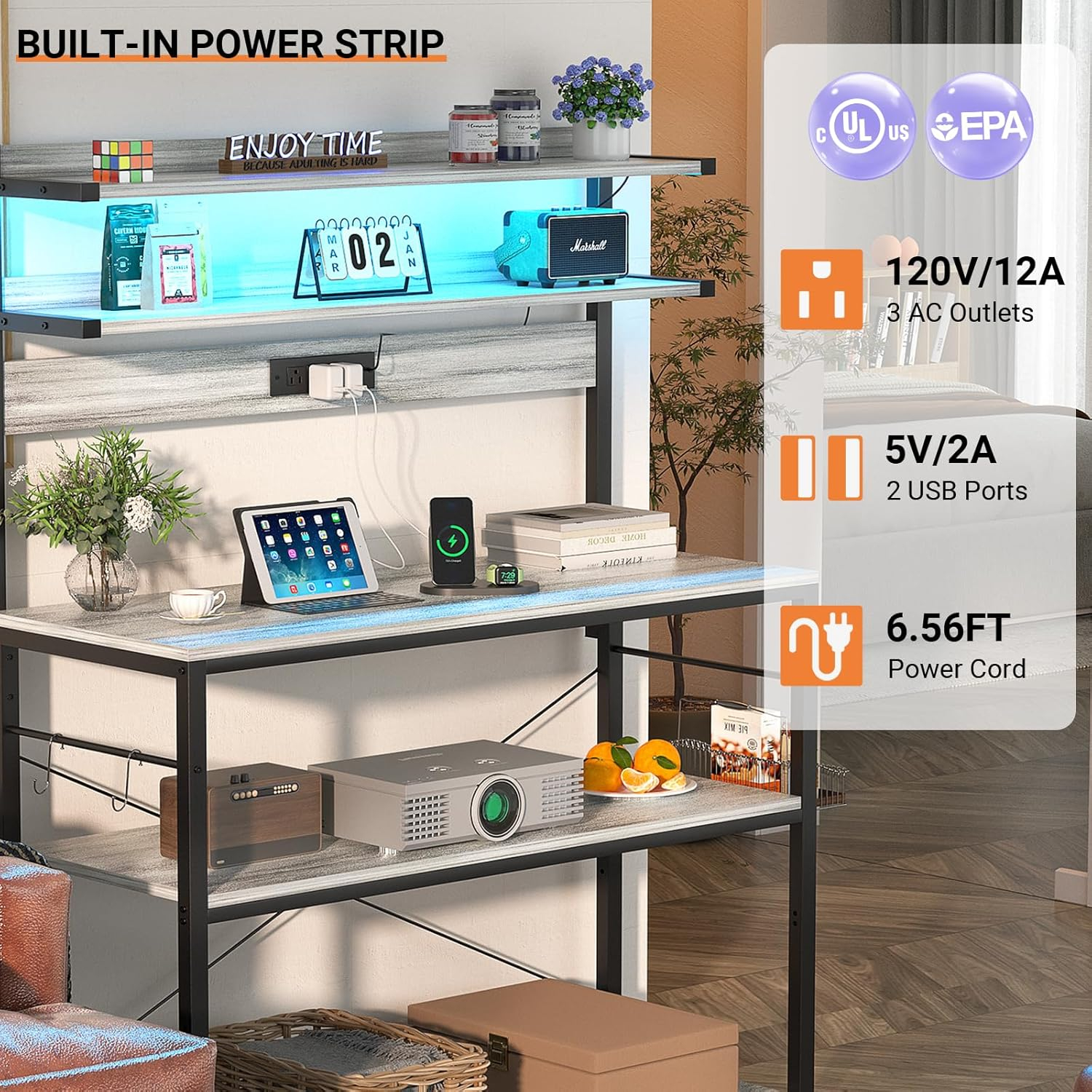White Oak Kitchen Bakers Rack with LED Lights and Power Outlets