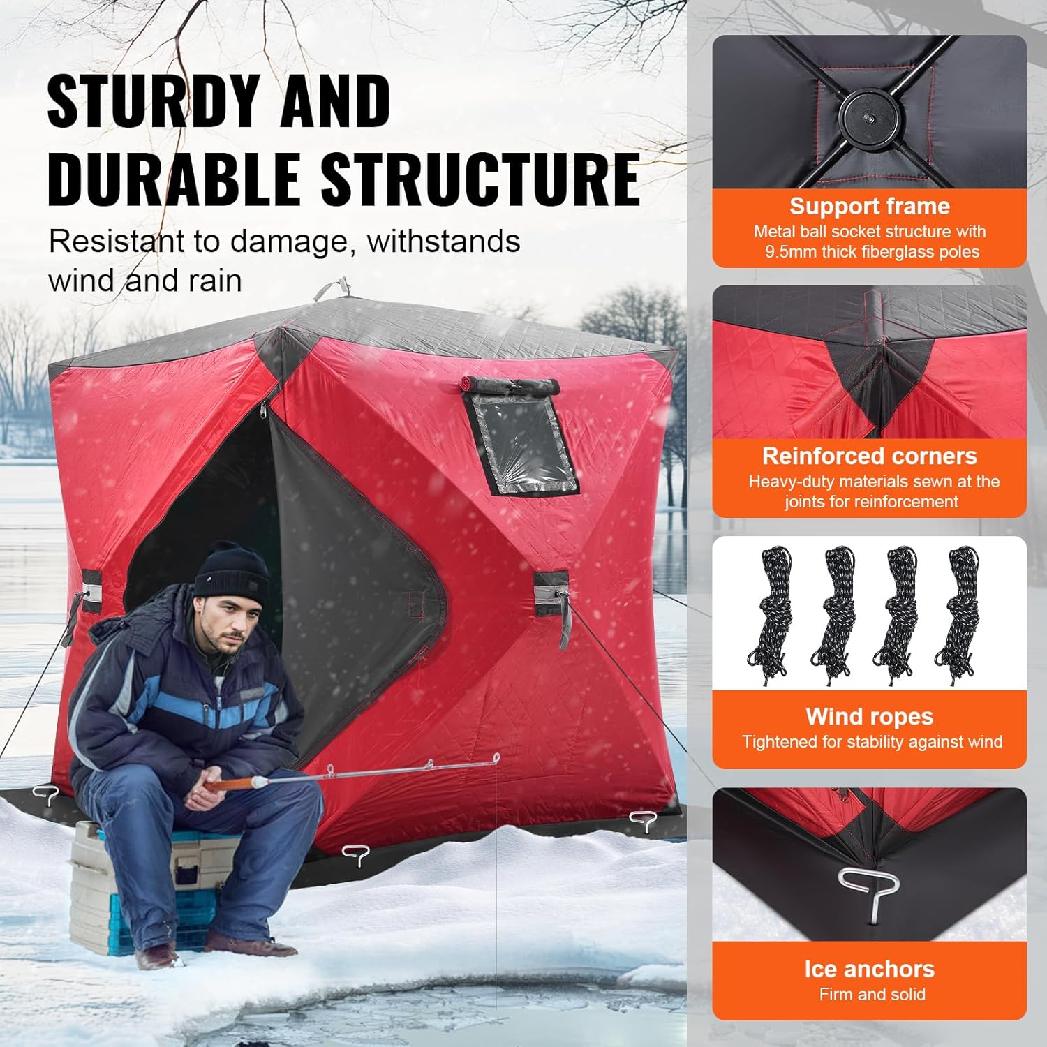 Portable Pop-Up Tent, 1-8 Person Insulated Shelter, Large Fishing Area, Hub-Style Shanty for Winter Fishing, Waterproof Oxford Ice Cube with Anchors/Ropes/Carrying Bag