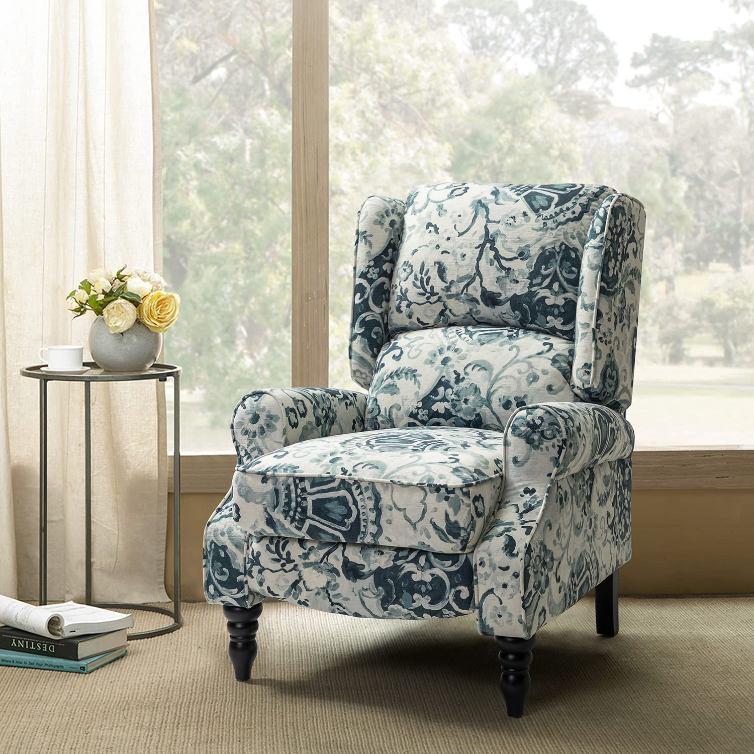 Floral Blue and White Upholstered Wingback Recliner with Rubber Wood Legs