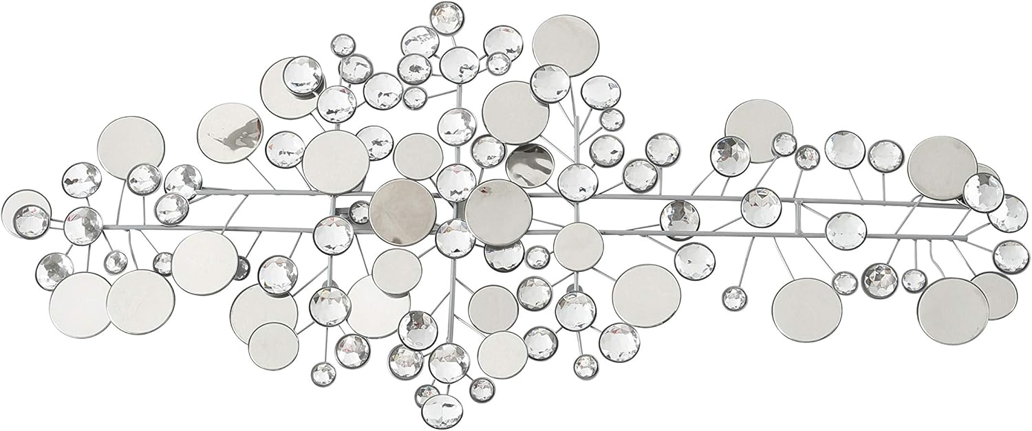 Modernist Floating Circles, Abstract Metal Wall Art, Artisan Crafted, Roundels of Silver, Mirrors, Faux Multi Carat Diamonds, Iron, Over 3 Ft Long, Hangers on Back