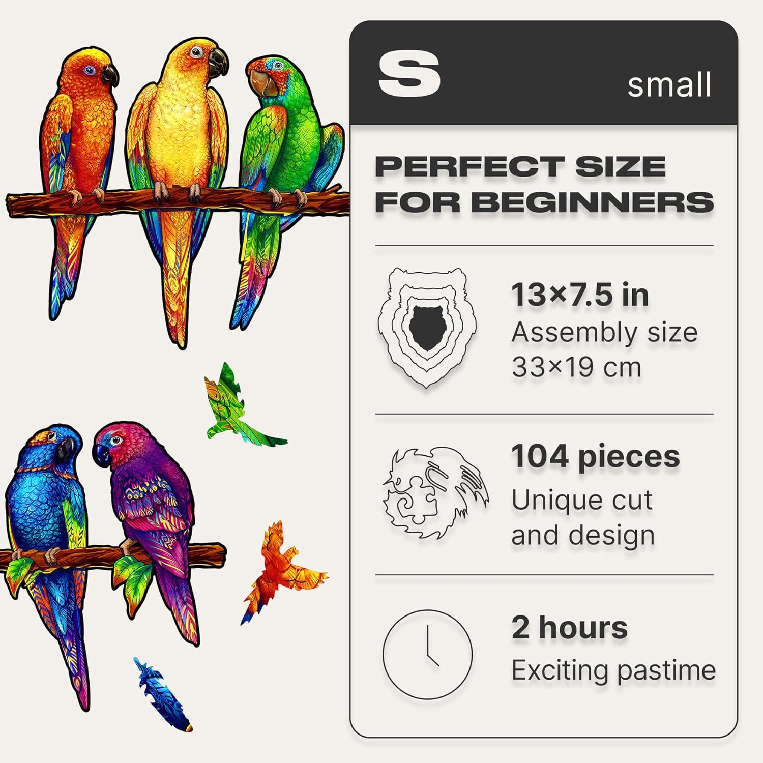 UNIDRAGON Original Wooden Jigsaw Puzzles - Playful Parrots, 104 pcs, Small 13"x7.5", Beautiful Gift Package, Unique Shape Best Gift for Adults and Kids