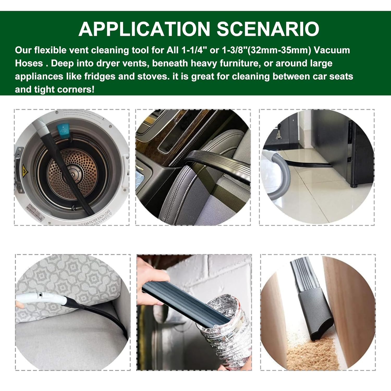 EZ SPARES 25-inch Flexible Vacuum Crevice Attachment Crevice Tool Crevice Brush Tool Kit for All 1-1/4" or 1-3/8"(32mm-35mm) Vacuum Hoses