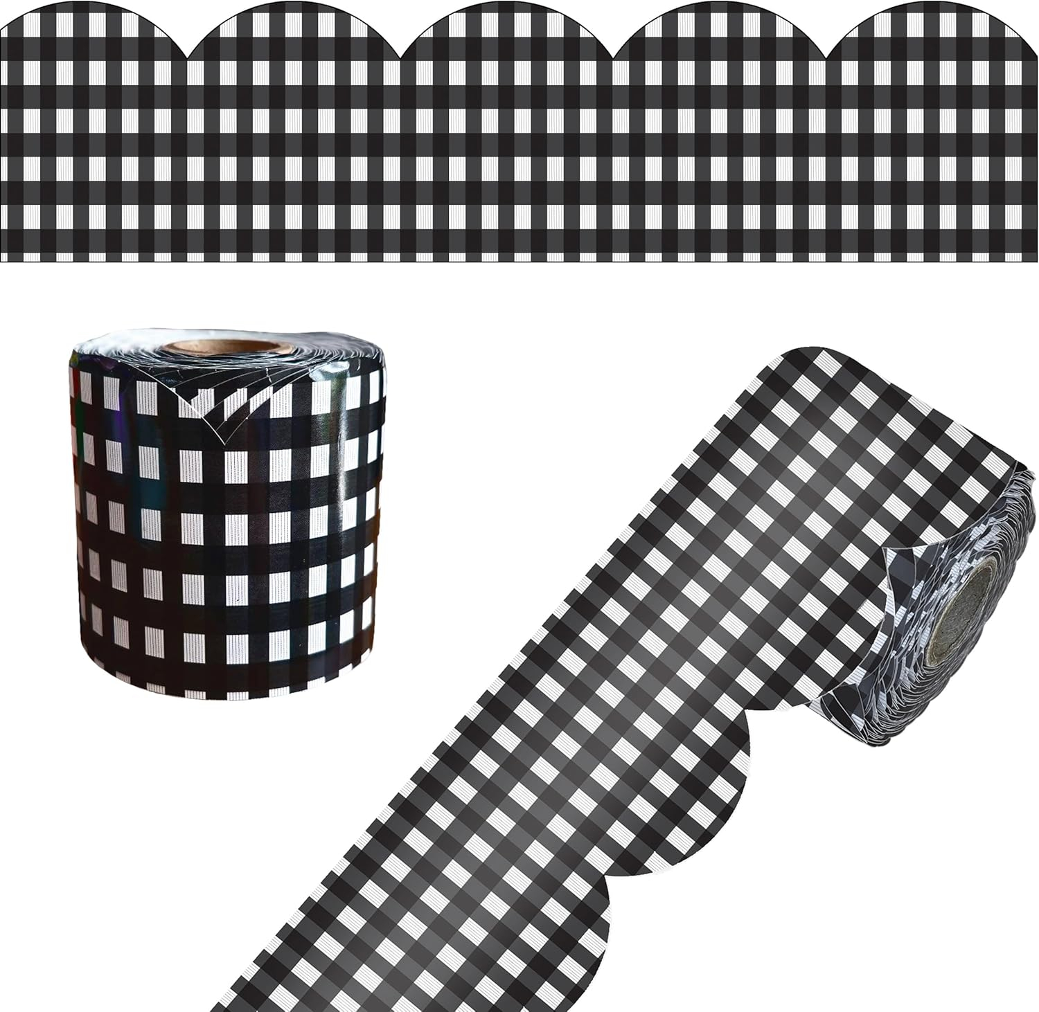 Carson Dellosa 65' Black Gingham Rolled Scalloped Bulletin Board Borders (1 roll)