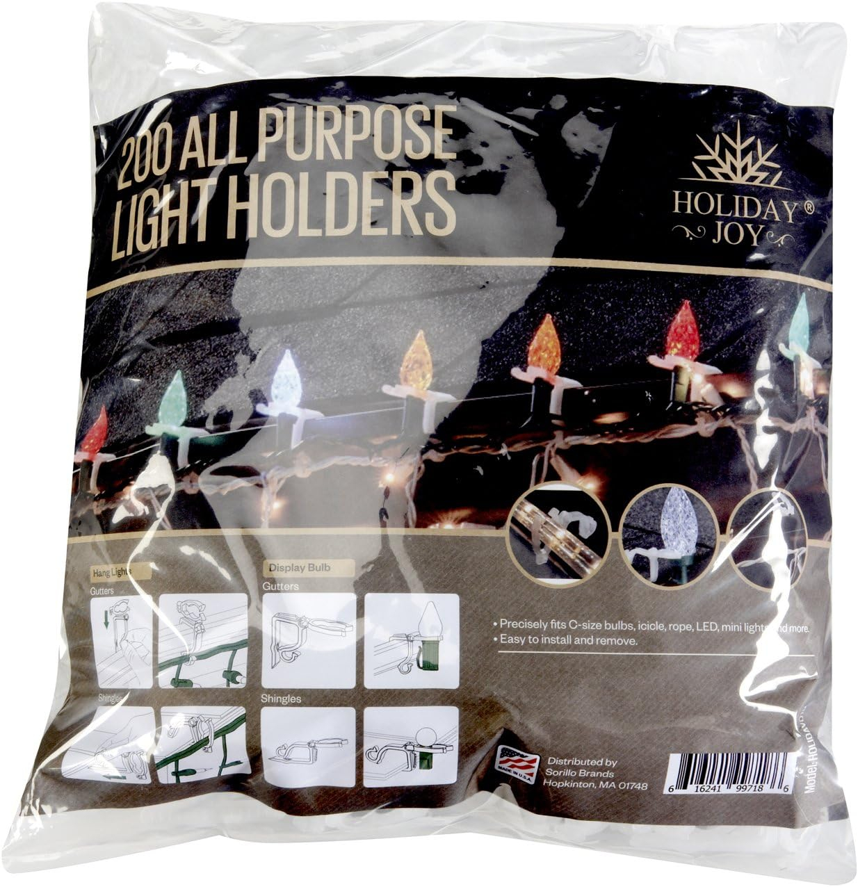 Holiday Joy Christmas Light Clips - Pack of 200 Clear, All-Purpose Gutter Hooks for Outdoor String Lights and Decorations