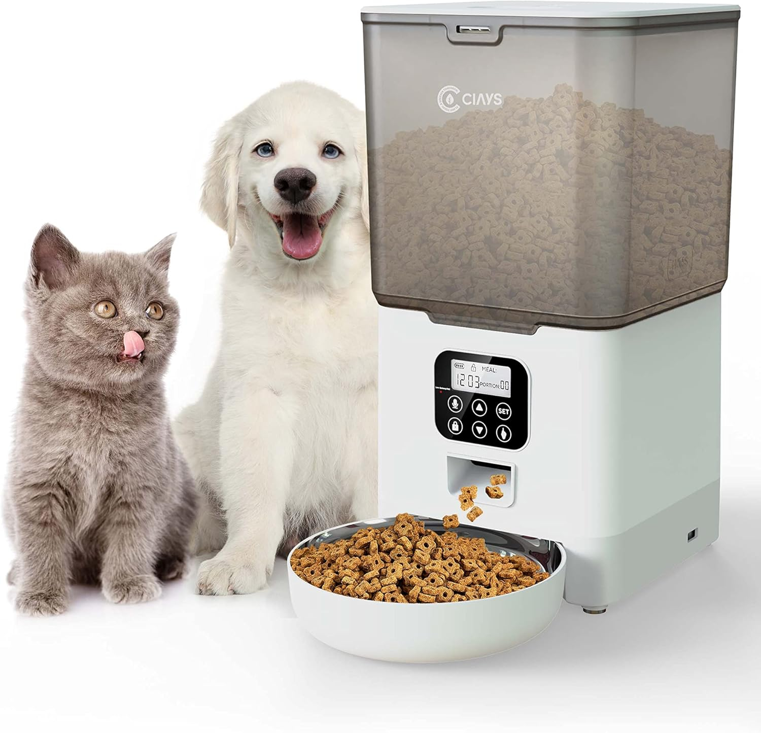 Ciays Automatic Cat Feeder, 5.6L, Control 4 Meals Per Day, Pet Dry Food Dispenser, Dual Power Supply & Voice Recorder, White C49