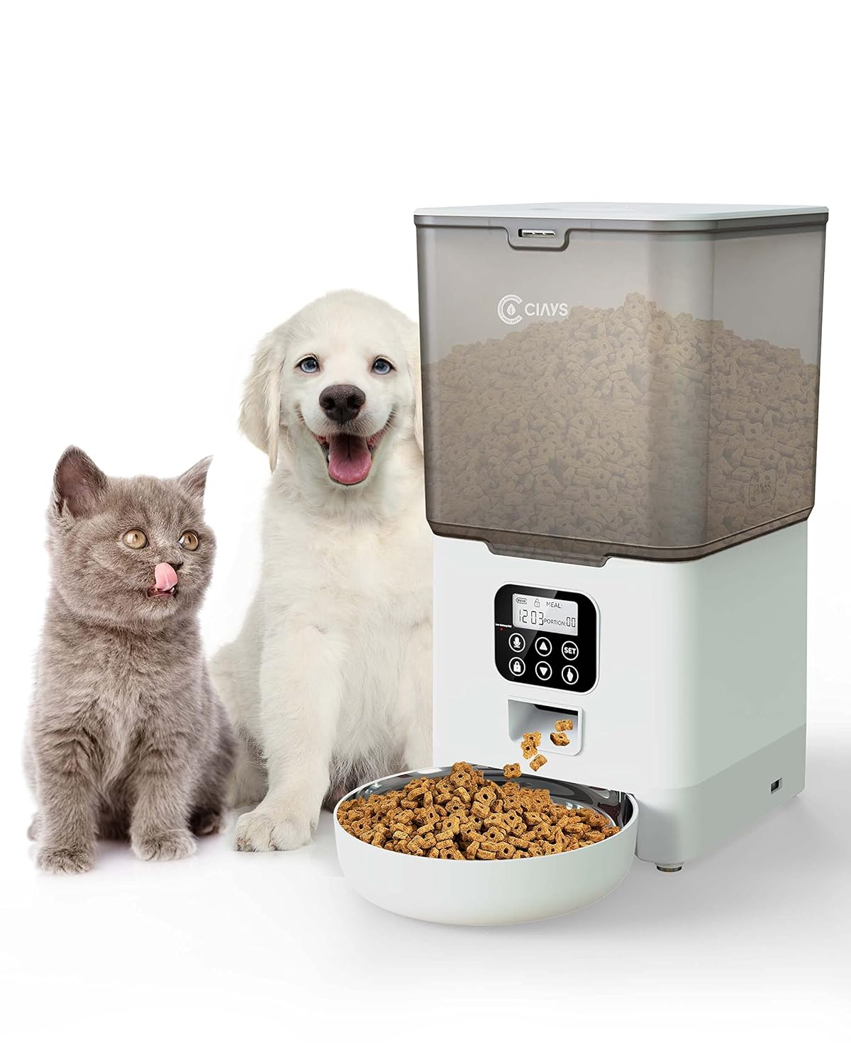 Ciays Automatic Cat Feeder, 5.6L, Control 4 Meals Per Day, Pet Dry Food Dispenser, Dual Power Supply & Voice Recorder, White C49