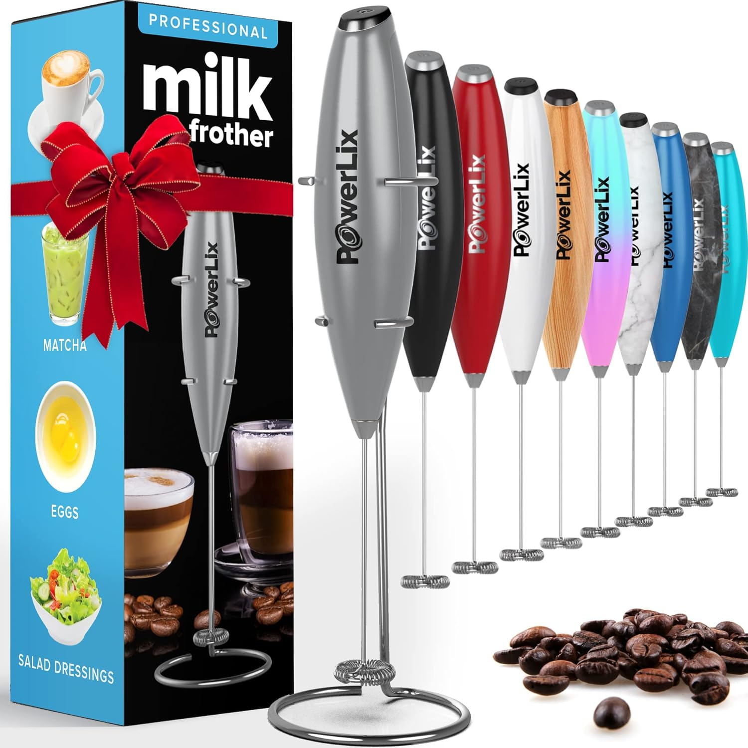 PowerLix Milk Frother Handheld Battery Operated Electric Whisk Foam Maker For Coffee With Stainless Steel Stand Included  - Titanium Silver