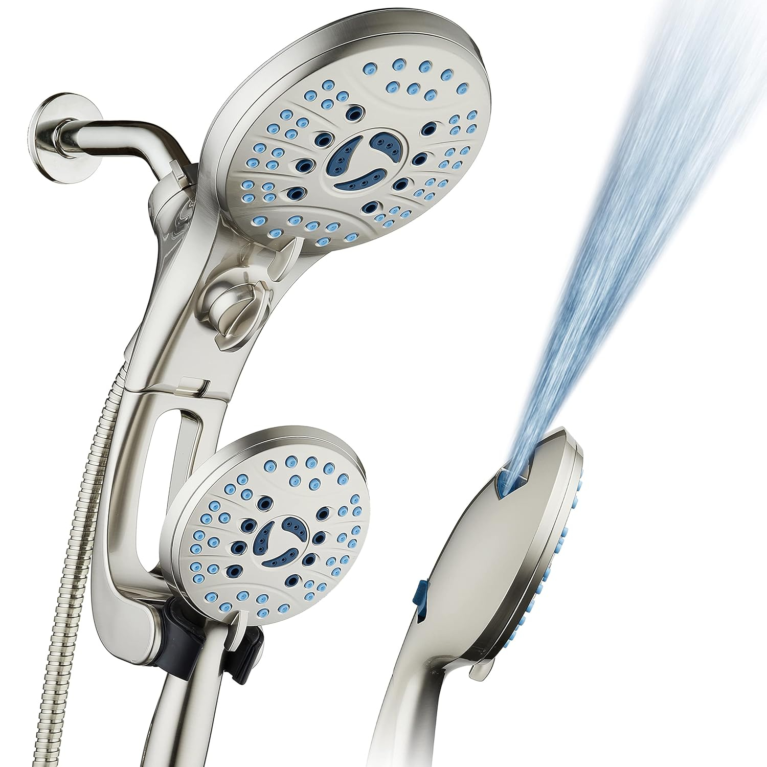 Hotel Spa AquaCare As-Seen-On-TV High Pressure Handheld/Rain 50-mode 3-way Shower Head Combo with Adjustable Arm - Anti-clog Nozzles, Tub & Pet Power Wash, 6 ft. Stainless Steel Hose, Nickel Finish