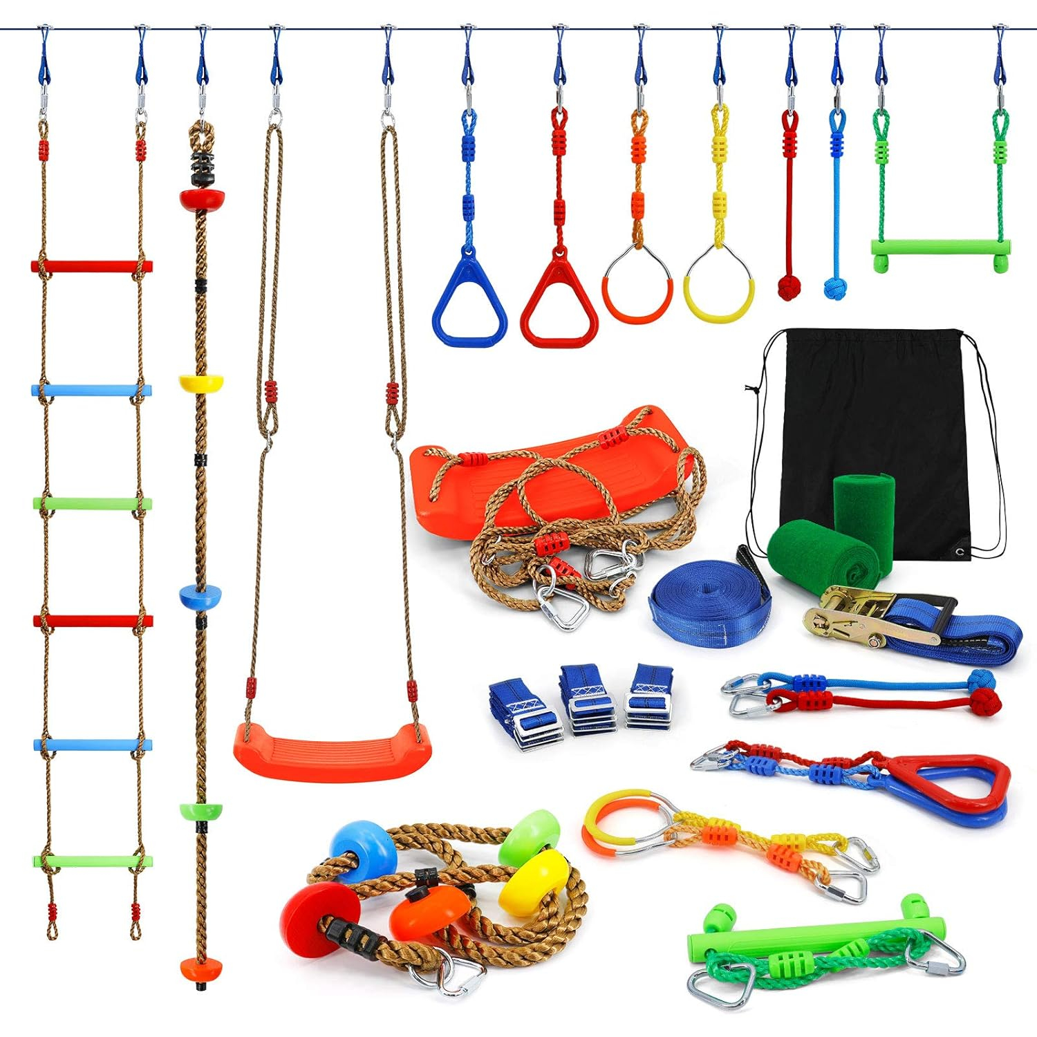 Ninja Warrior Obstacle Course Kit for Kids Ninja Slackline with 10 Accessories Monkey Bars, Ladder, Climbing Rope, Gym Rings, Swing, Monkey Fist for Backyard Training Equipment