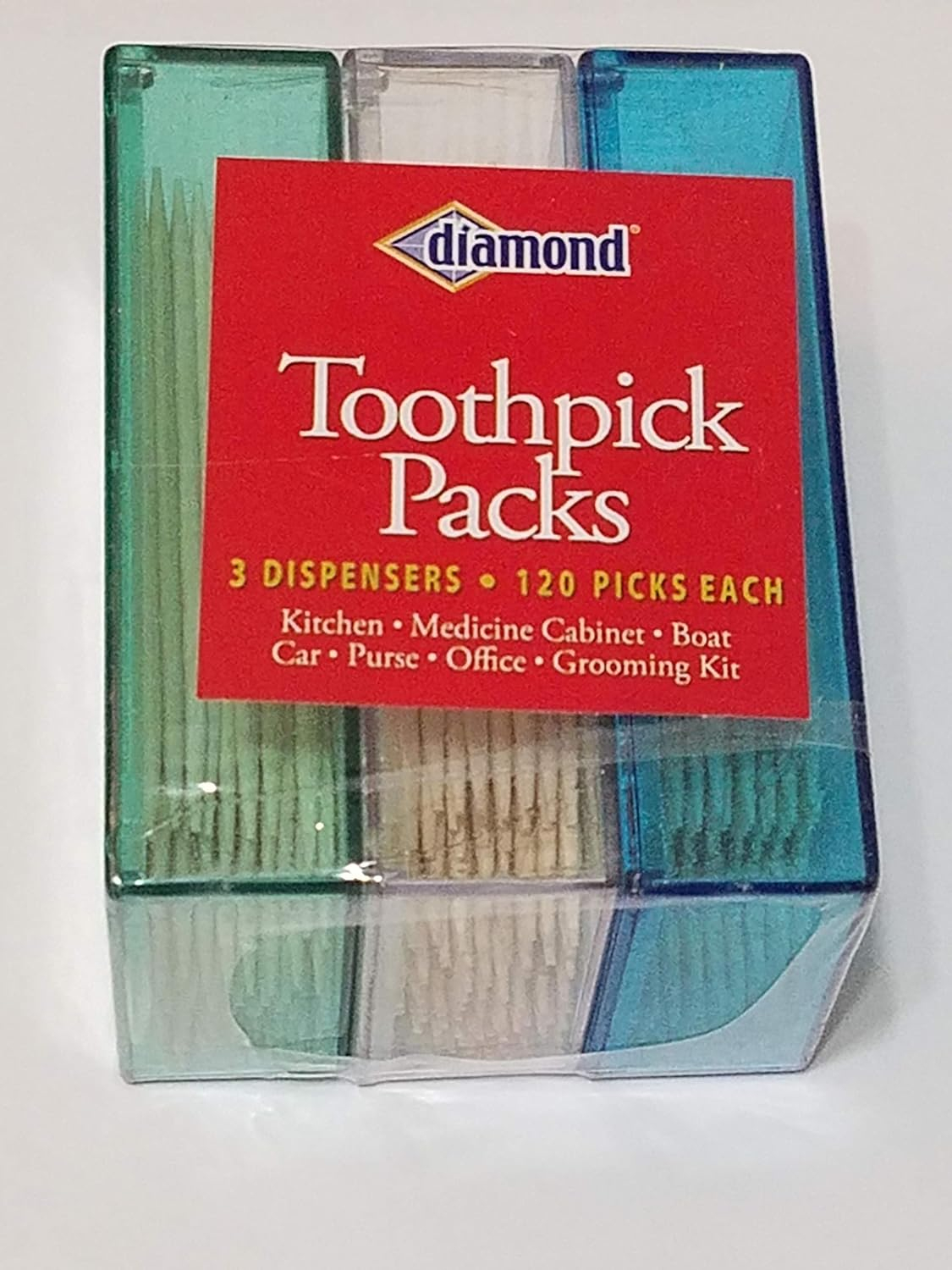 Diamond Toothpick Dispenser Packs, 3 Count, 120 Toothpicks Each Dispenser, Total 360 Wood Toothpicks per Purchase Pack.  Model Number 535376904. Assembled product height 3.1"