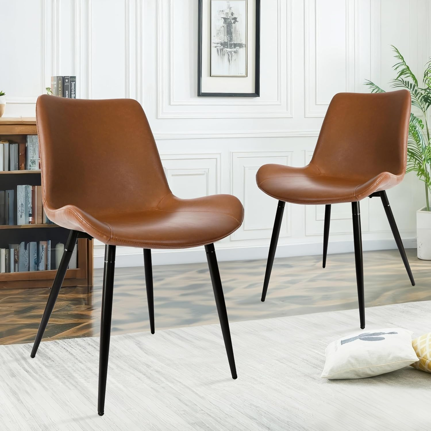 CangLong Modern ‎Faux Leather Dining Chairs, PU Cushion Seat Back, Metal Legs for Kitchen Dining Room Side Chair, Set of 2, Brown