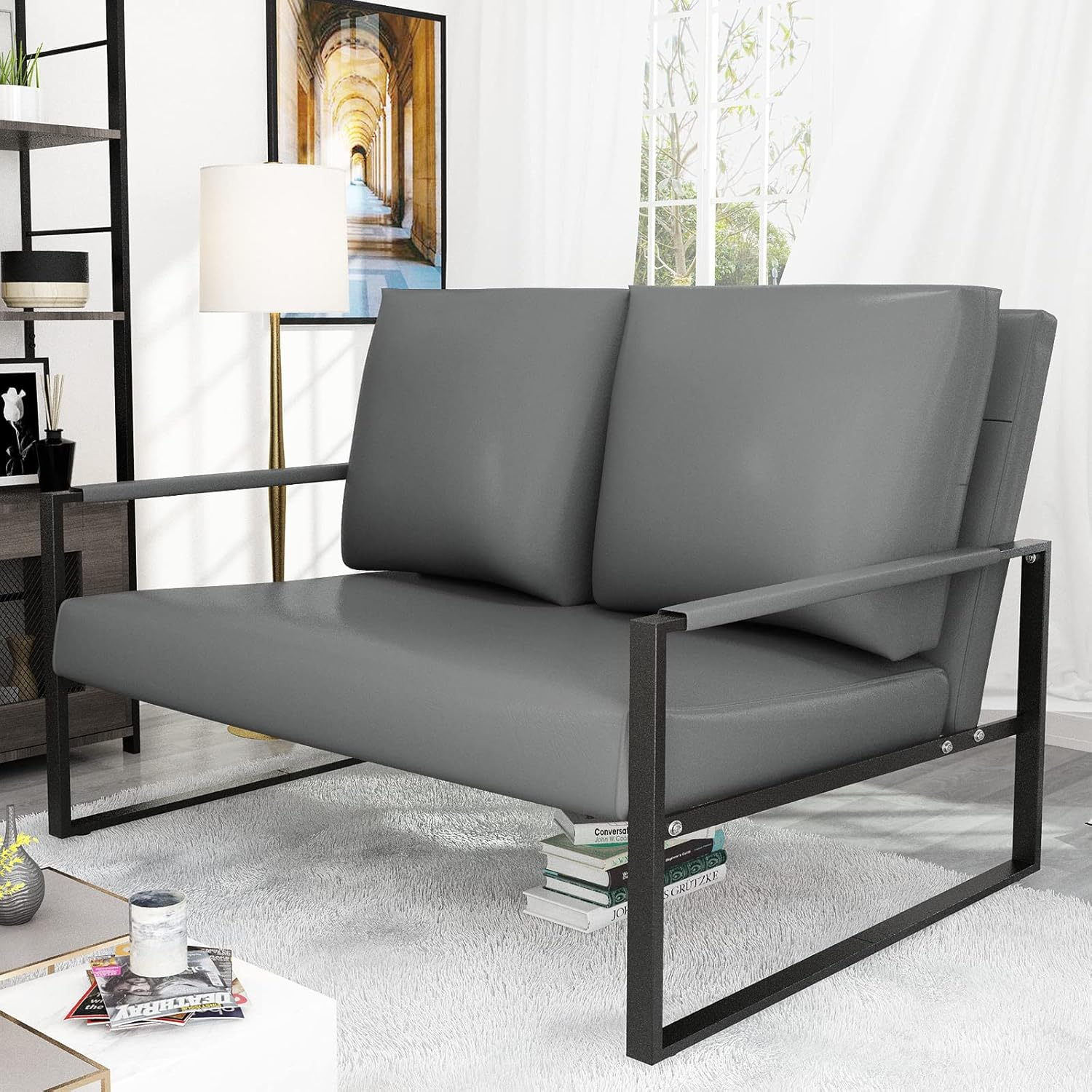 Grey Faux Leather Mid-Century Modern Loveseat with Metal Frame