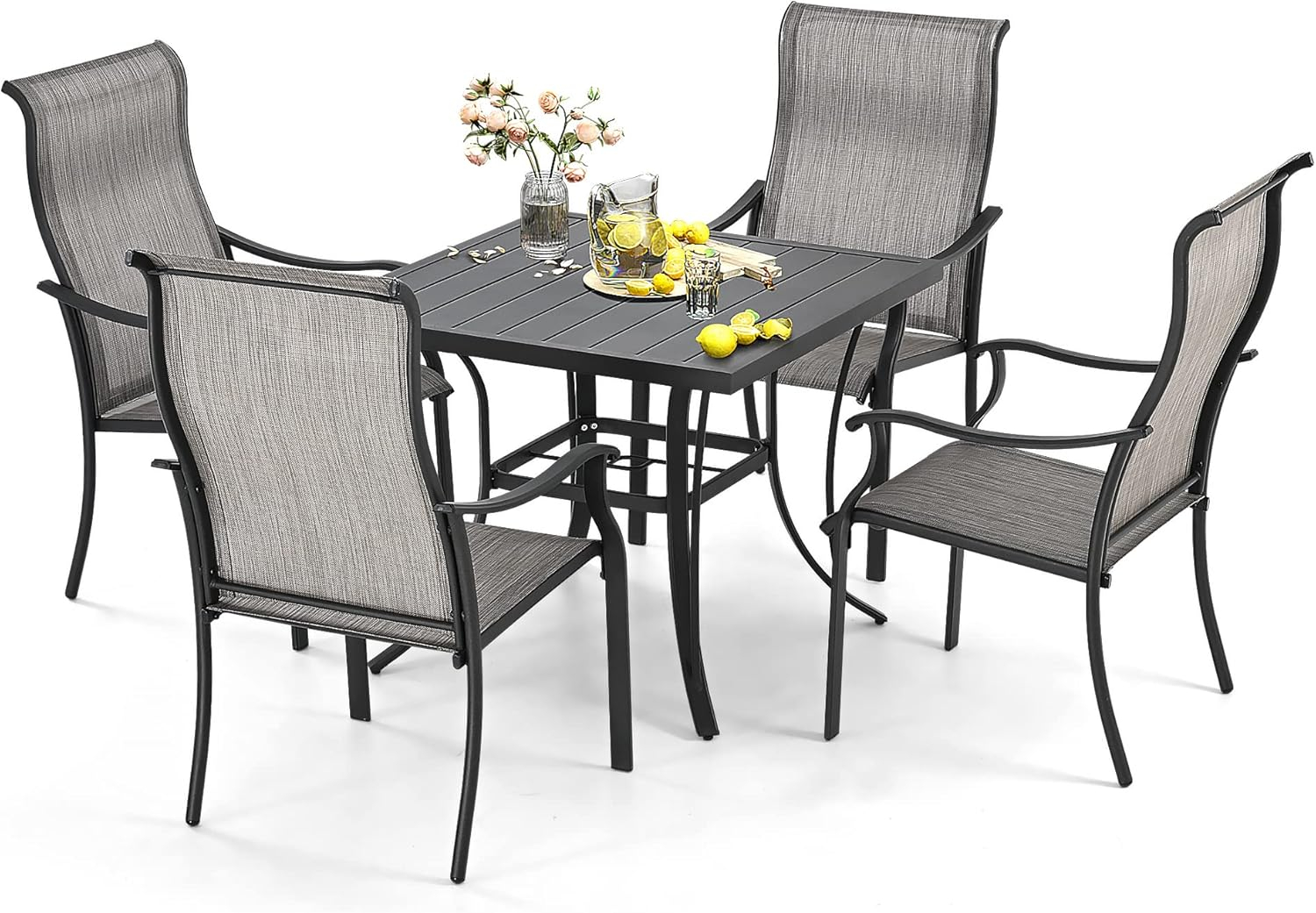 5 -Piece Gray Patio Dining Set Iron Square Table with 4 Gray Stationary Chairs