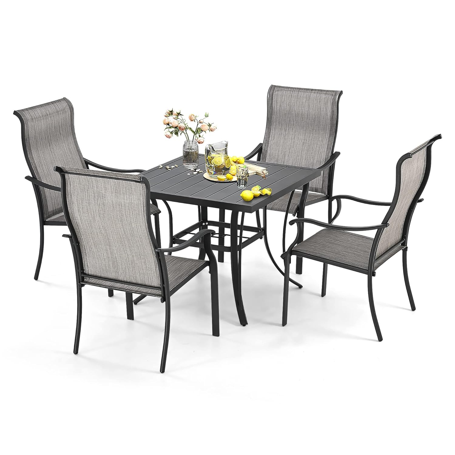 5 -Piece Gray Patio Dining Set Iron Square Table with 4 Gray Stationary Chairs