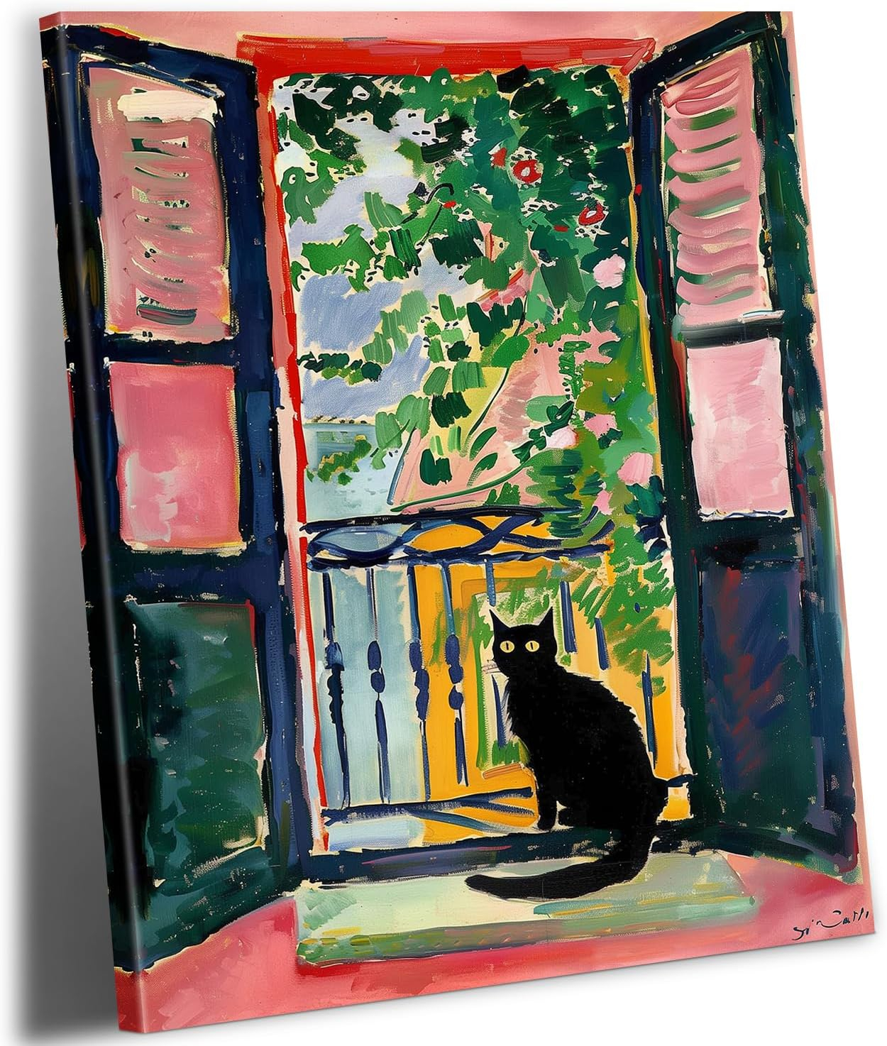 Henri Matisse Oil Paintings on Canvas Wall Art Matisse Famous Open Window Black Cat Poster Funny Cat Floral Print Colorful Farmhouse Gallery Aesthetic Room Decor for Bedroom Bathroom 12x16in Unframed
