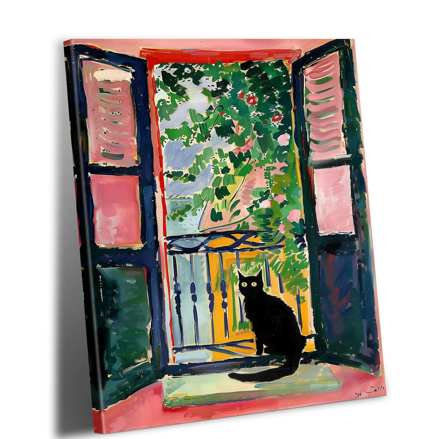Henri Matisse Oil Paintings on Canvas Wall Art Matisse Famous Open Window Black Cat Poster Funny Cat Floral Print Colorful Farmhouse Gallery Aesthetic Room Decor for Bedroom Bathroom 12x16in Unframed