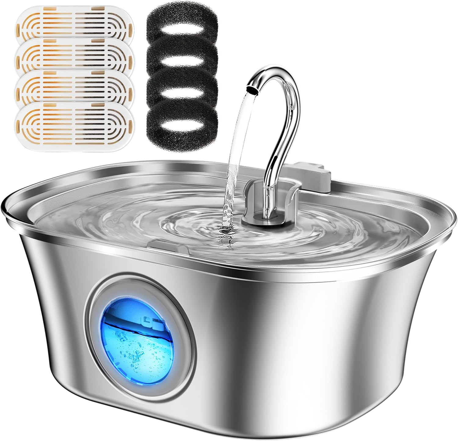 HICC PULE 108oz/3.2L Stainless Steel Cat Water Fountain - Ultra-Quiet Dog Water Dispenser with 3 Packs Filters & 3 Sponges Foam Filters