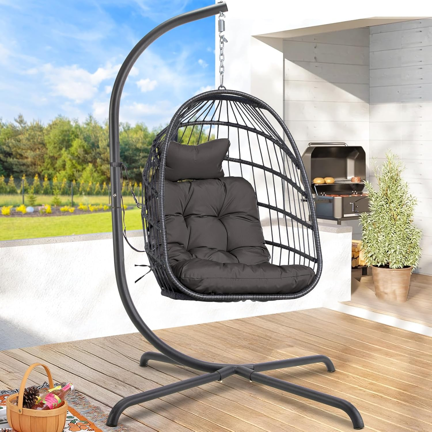 RADIATA Outdoor Hanging Egg Chair with Stand, 350Lbs Sturdy Wicker Egg Swing Chair for Outside, Comfortable Rattan Patio Haning Chair with Thick Cushion for Indoor Belcony Porch Bedroom, Dark Gay
