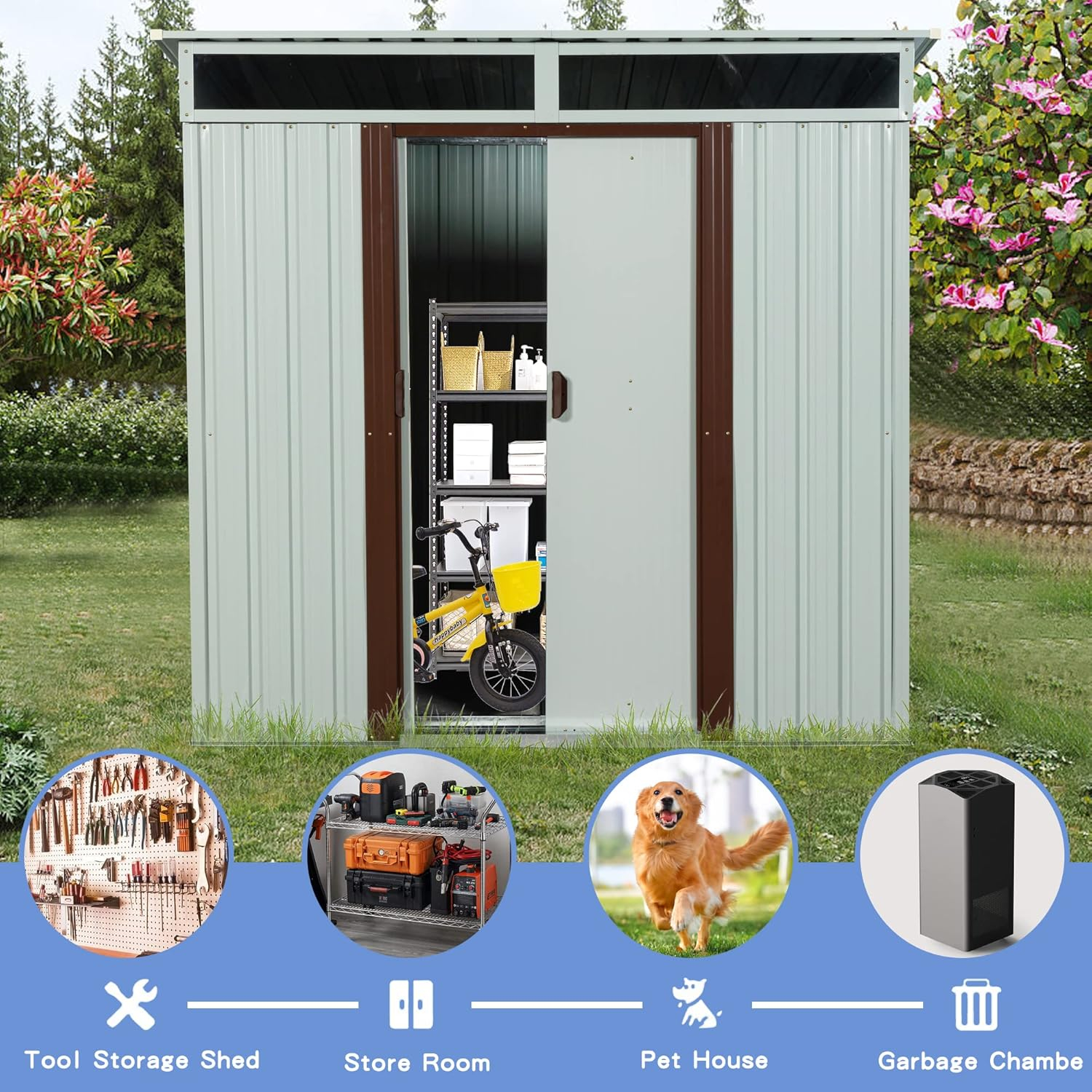 6X5 FT Outdoor Storage Shed, Waterproof Metal Garden Sheds with Lockable Door, Steel Tool Storage Buildings Shed & Outdoor Storage House for Garden, Backyard, Patio, Lawn, Trash Cans(White)