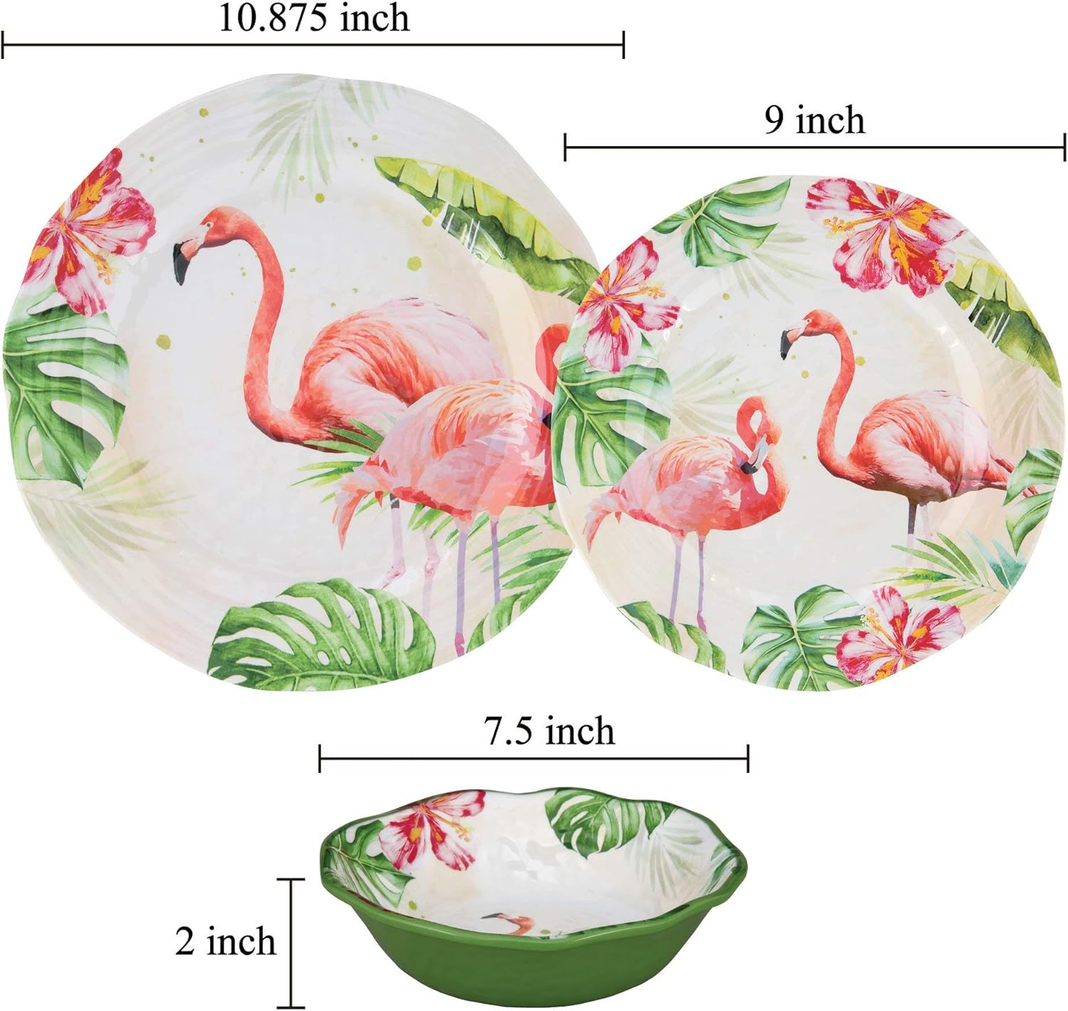 UPware 12 Piece Flamingo Melamine Dinnerware Sets, Outdoor Dishes Set, Plates and Bowls Sets, Service for 4, Multicolor