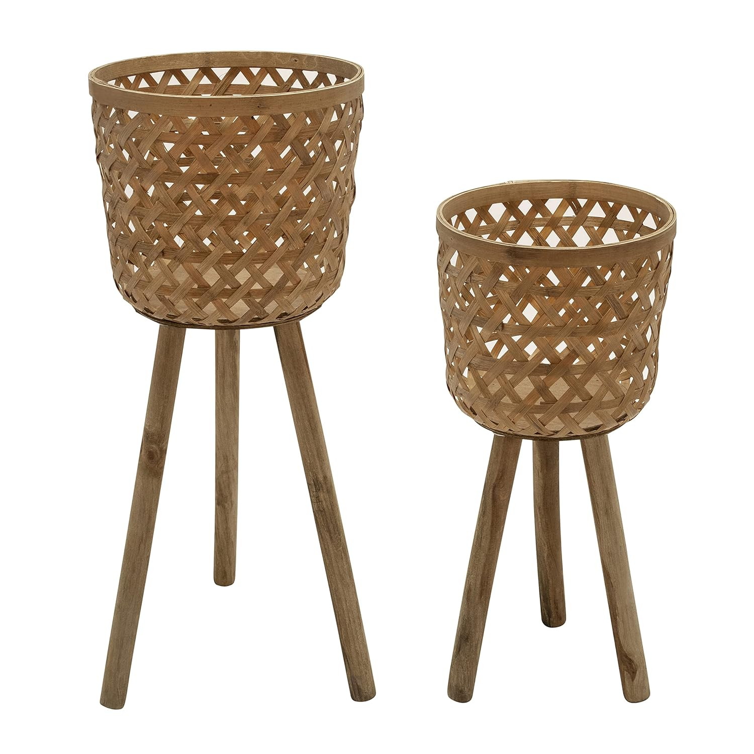 Sagebrook Home Set of 2 Bamboo Standing Planters on Wood Tripods, Indoor/Outdoor, Natural, 13 L x 13 W x 22 H Inches