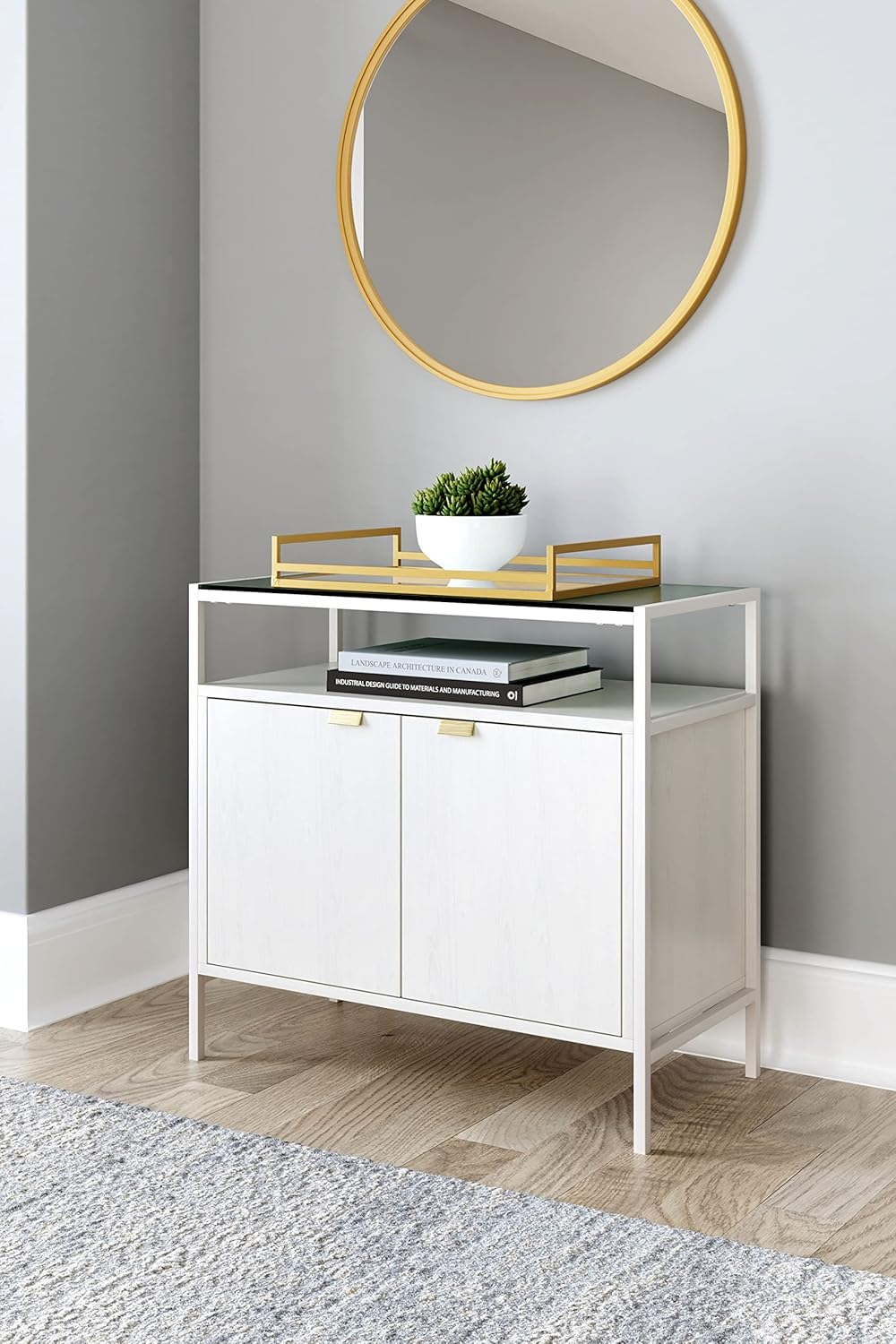 White Modern Accent Cabinet with Glass Top and Doors