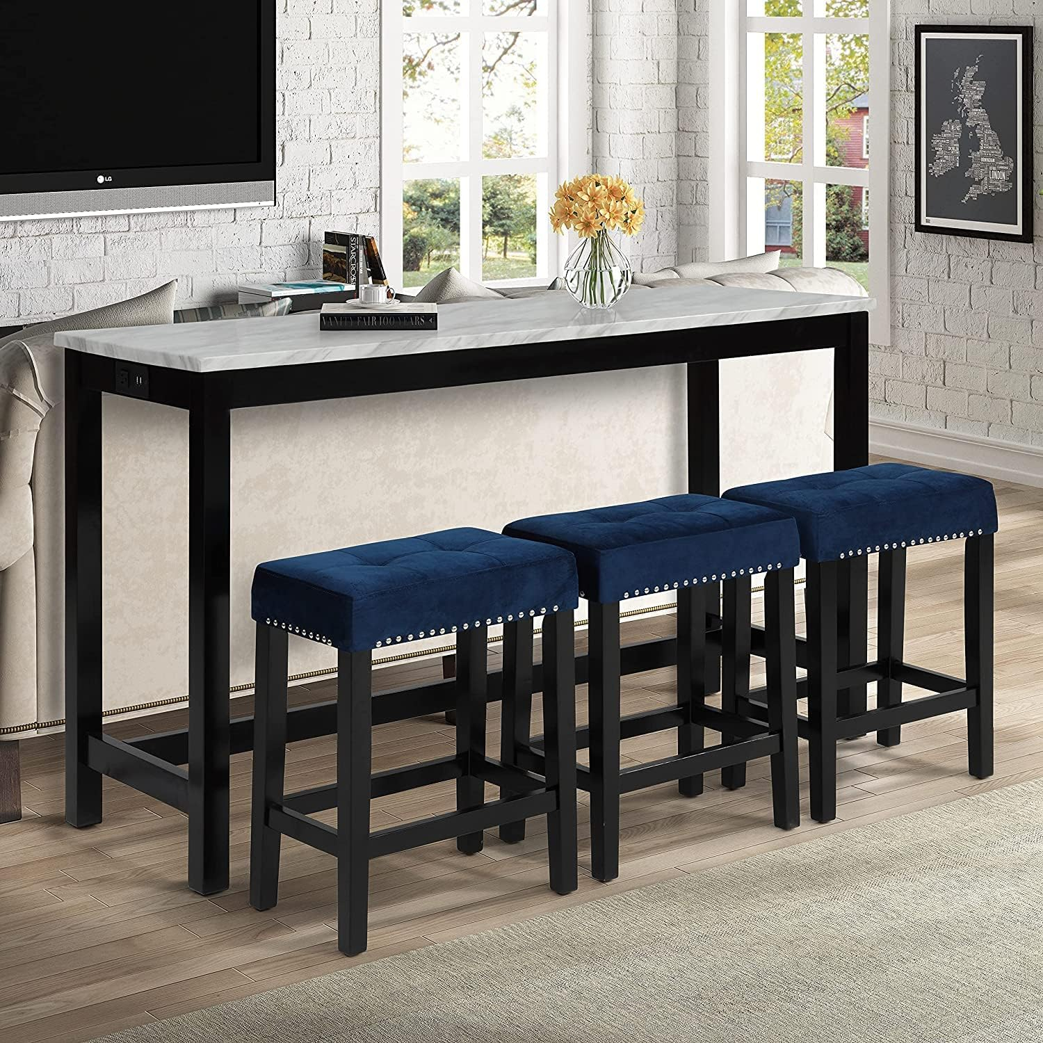 New Classic Furniture Celeste 4-Piece Faux Marble & Wood Bar Set in Blue