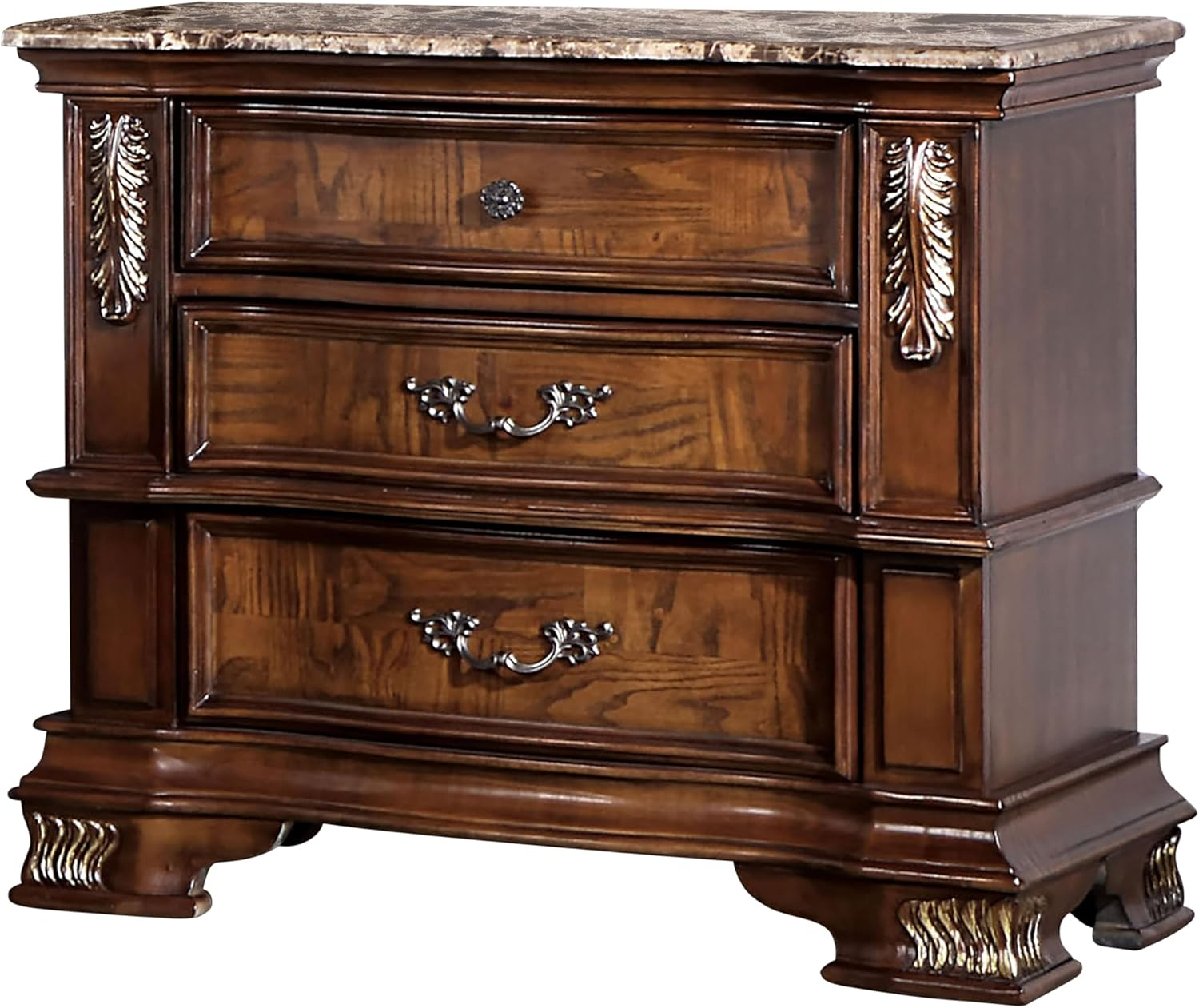 Florence Brown Cherry 3-Drawer Nightstand with Genuine Marble Top