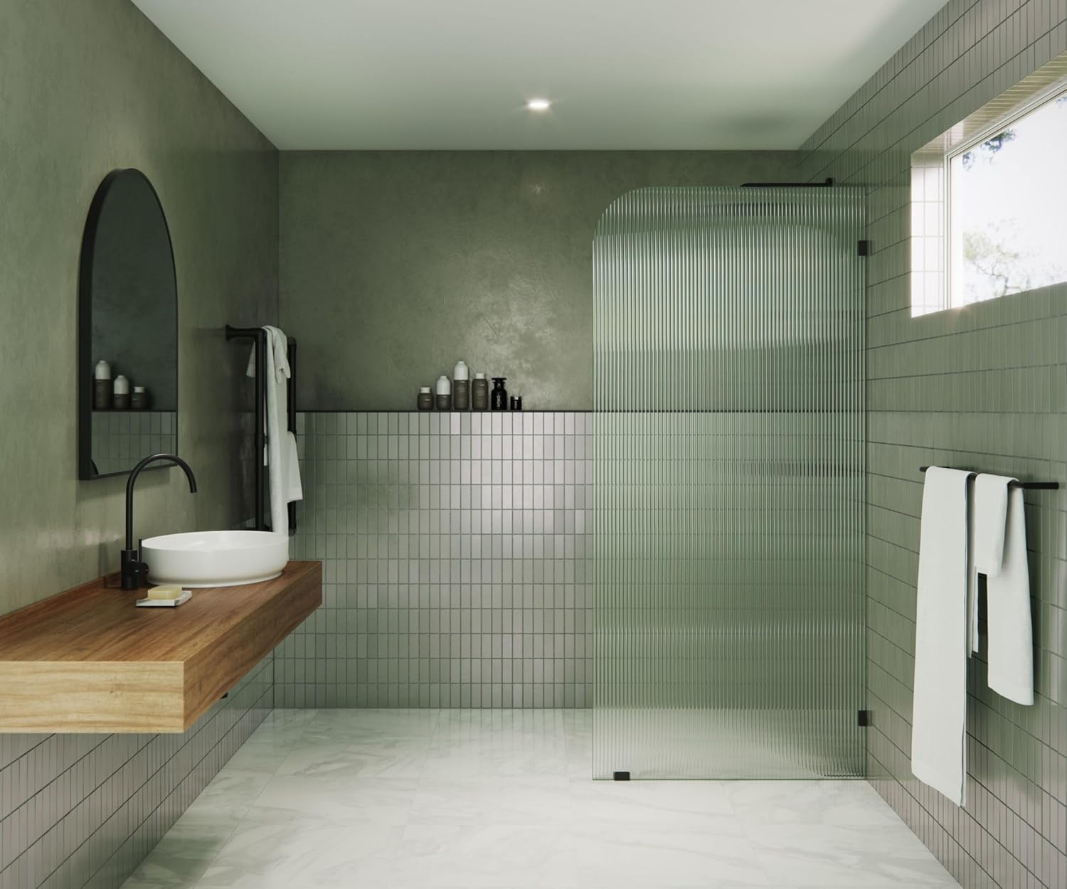 Glass Warehouse  36" x 78" Frameless Shower Door - Single Fixed Panel Fluted Frosted Radius Matte Black 36 Inch - Right Matte