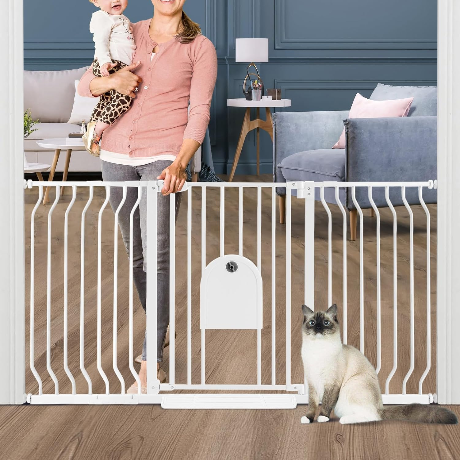 Baby Gates with Cat Door - Auto Close 29.5"-48.4" Safety Metal Dog Pet Gate for Doorway, Stairs, House, Walk Through Child Gate with Pet Door, includes 4 Wall Cups and 2 Extension Pieces